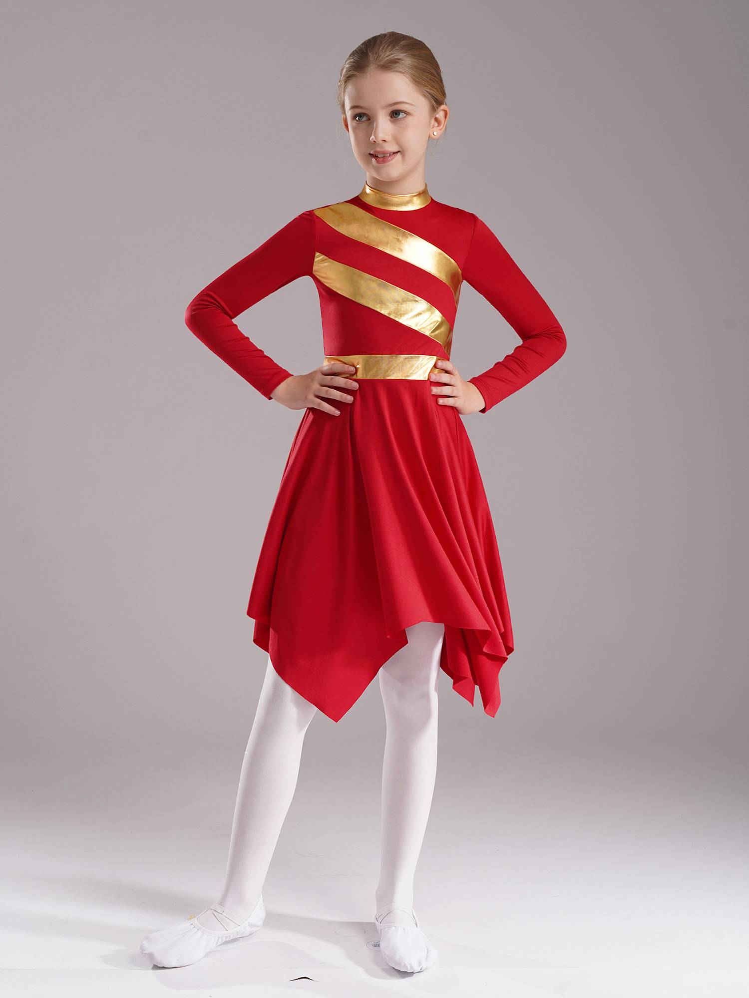 Kids Girls Metallic Mock Neck Long Sleeve Asymmetrical Worship Dance Dress