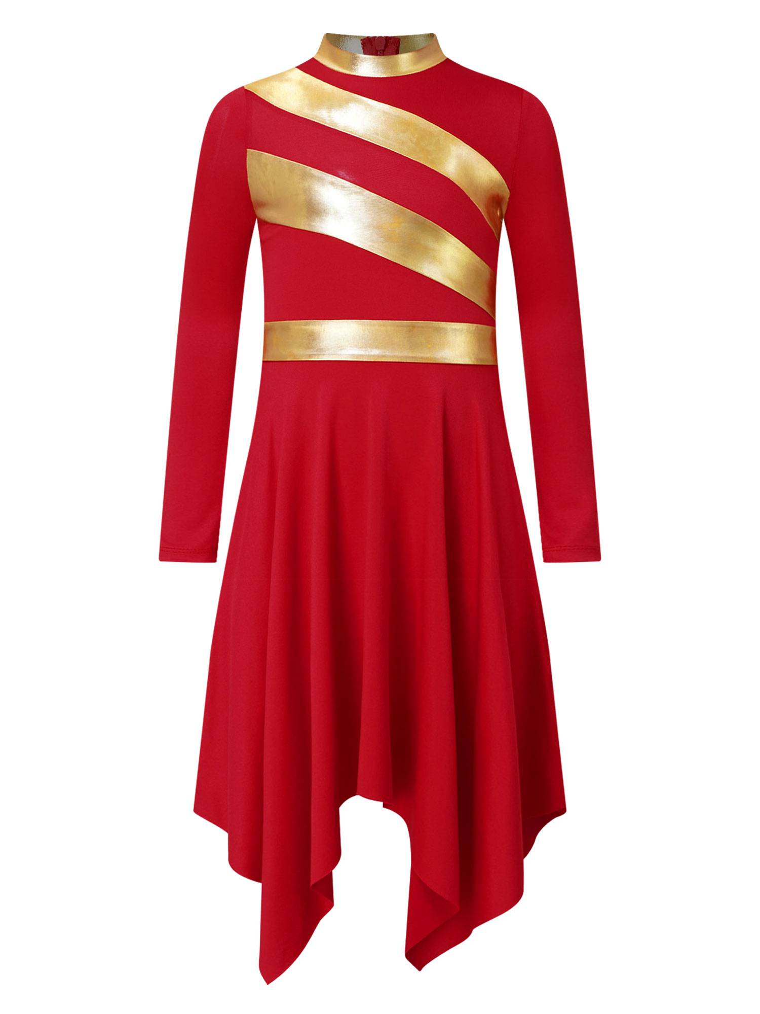 Kids Girls Metallic Mock Neck Long Sleeve Asymmetrical Worship Dance Dress
