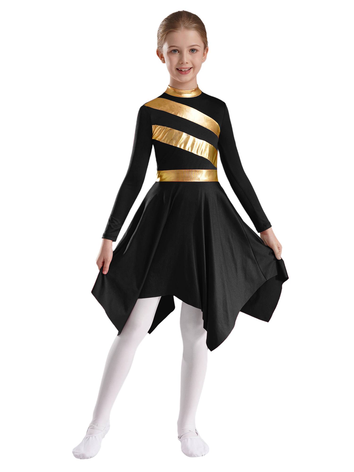 Kids Girls Metallic Mock Neck Long Sleeve Asymmetrical Worship Dance Dress