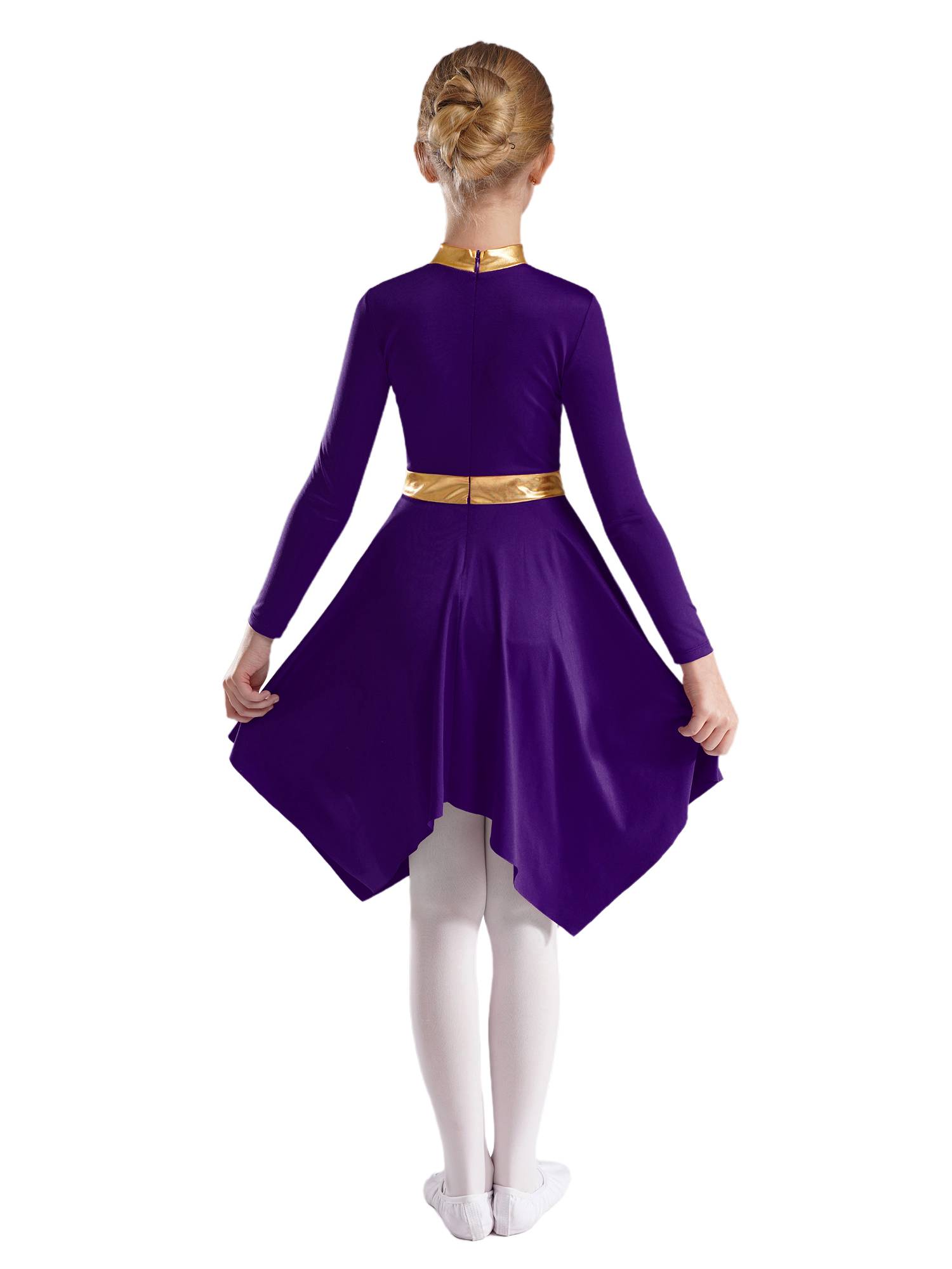 Kids Girls Metallic Mock Neck Long Sleeve Asymmetrical Worship Dance Dress