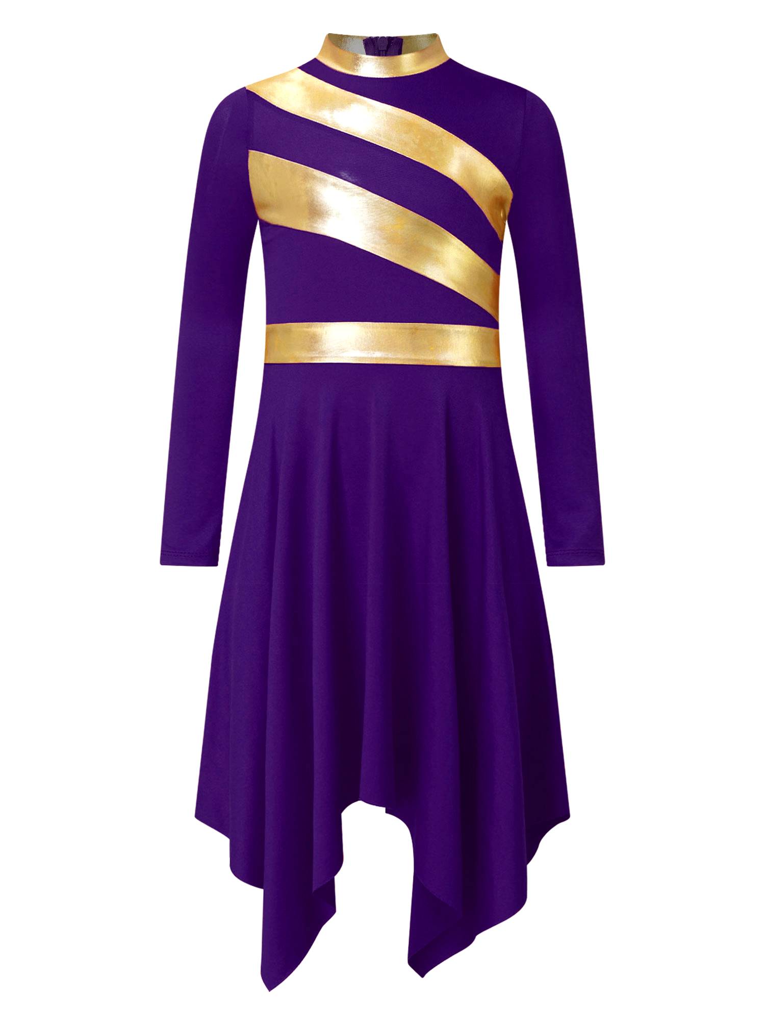 Kids Girls Metallic Mock Neck Long Sleeve Asymmetrical Worship Dance Dress