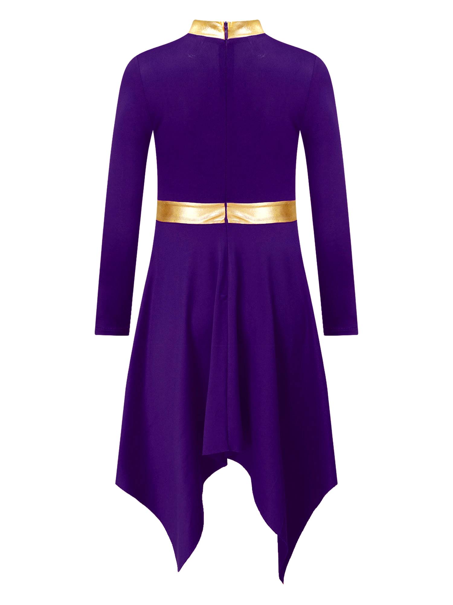 Kids Girls Metallic Mock Neck Long Sleeve Asymmetrical Worship Dance Dress