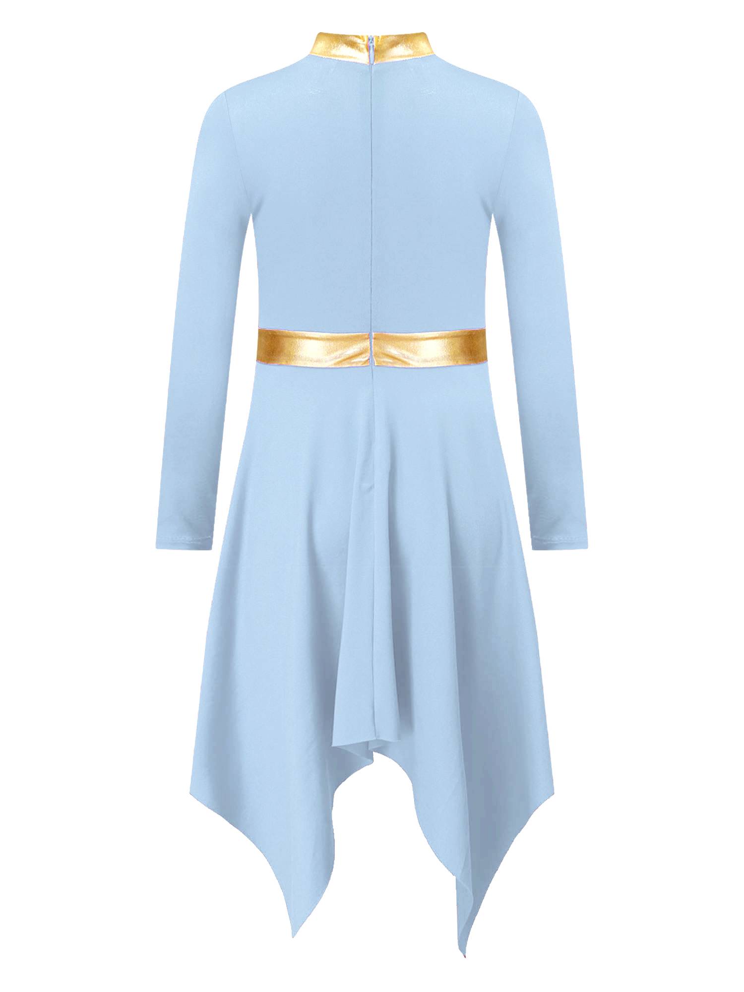 Kids Girls Metallic Mock Neck Long Sleeve Asymmetrical Worship Dance Dress