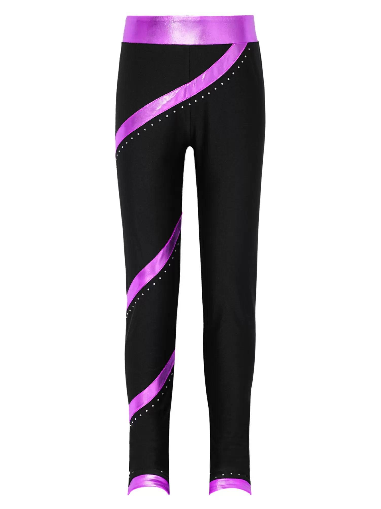 Kids Girls Shiny Rhinestones Metallic Striped Pants