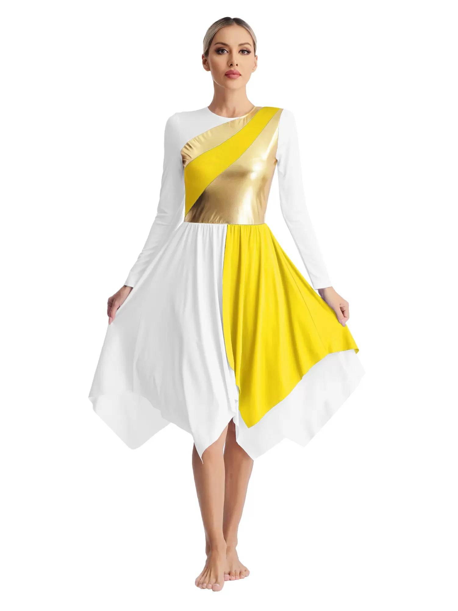 Women Long Sleeve Metallic Liturgical Worship Praise Dance Dress