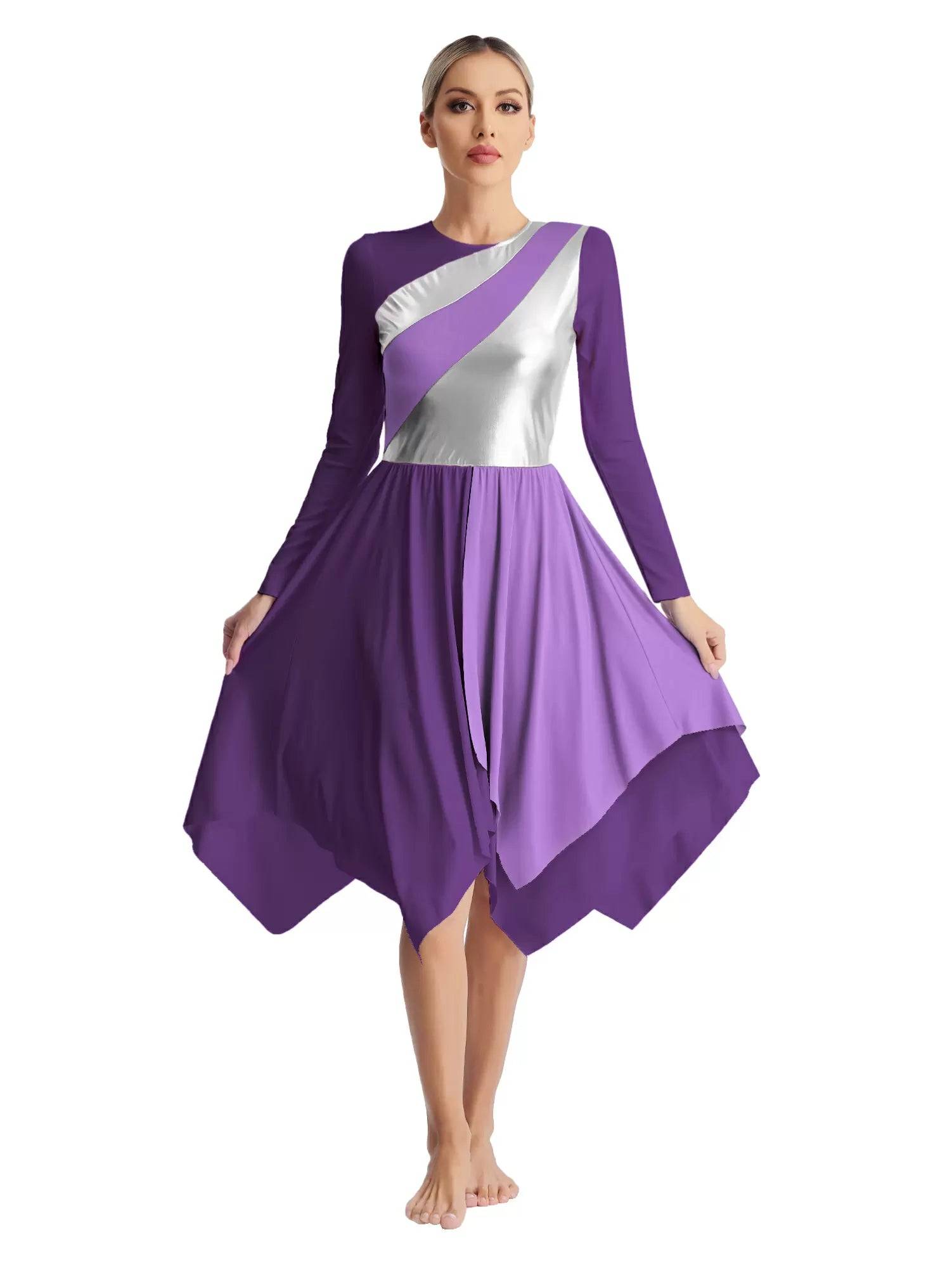 Women Long Sleeve Metallic Liturgical Worship Praise Dance Dress