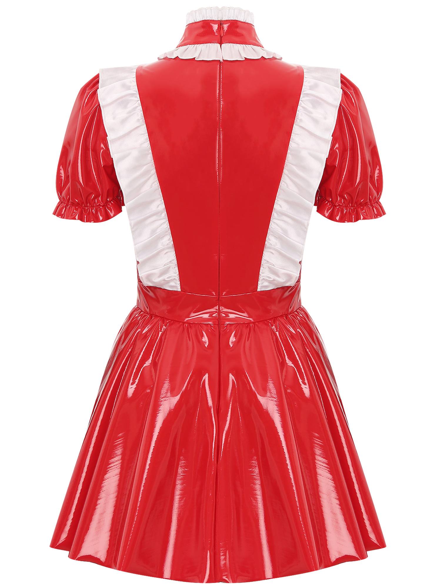 Women Puff Sleeve Mock Neck A-Line Patent Leather Maid Dress