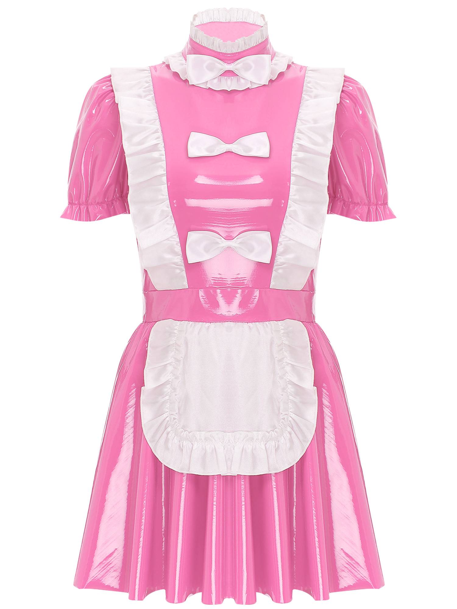 Women Puff Sleeve Mock Neck A-Line Patent Leather Maid Dress