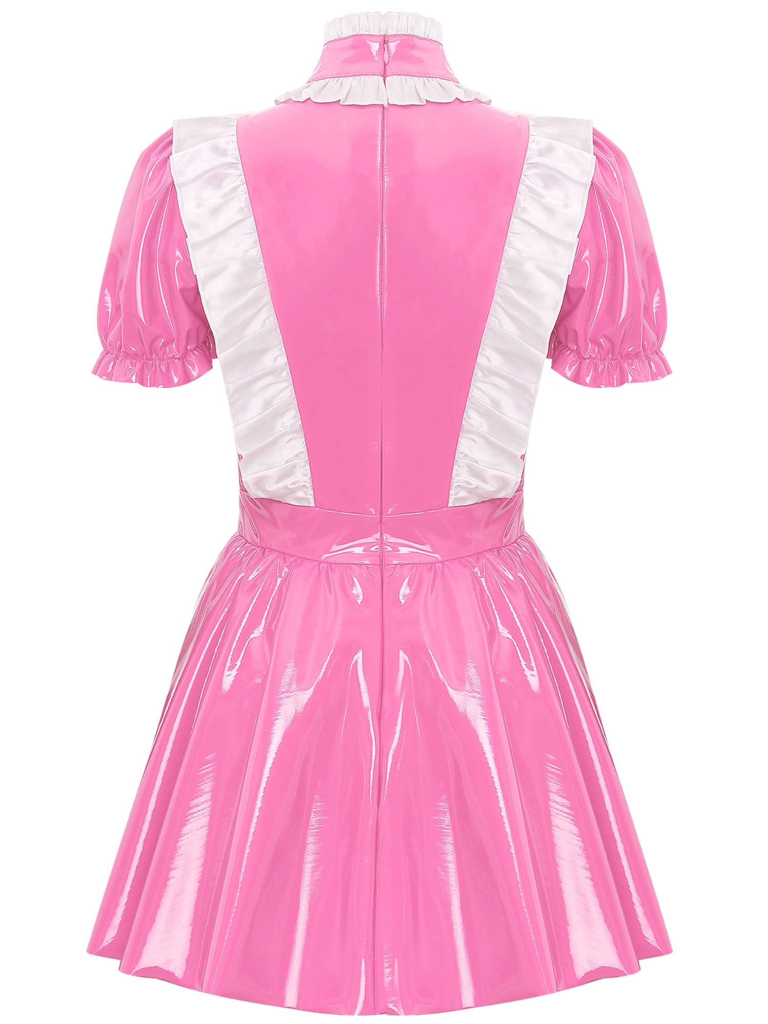 Women Puff Sleeve Mock Neck A-Line Patent Leather Maid Dress