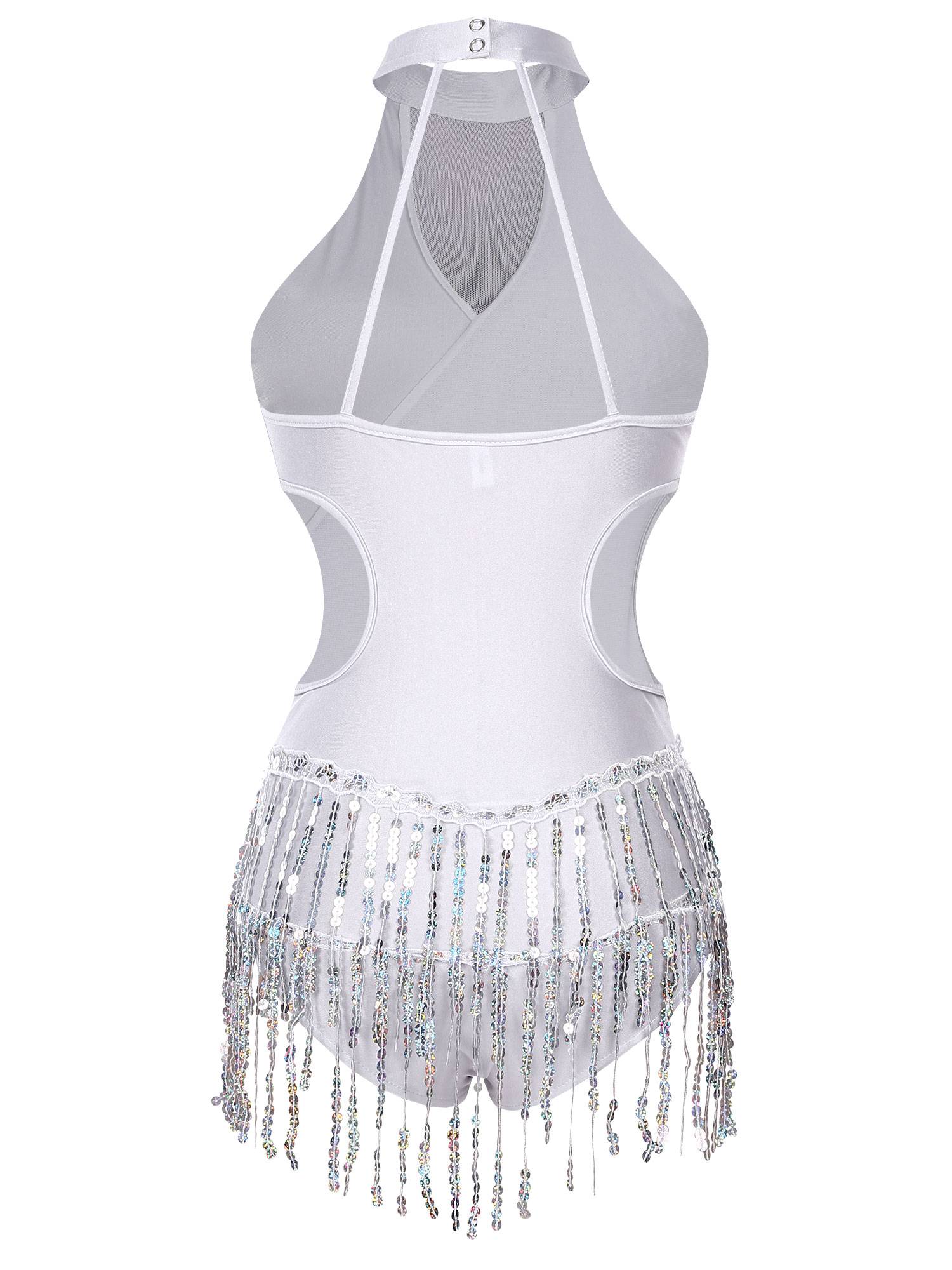 Women Sparkling Sequin Color Block Tassel Latin Dance Leotard