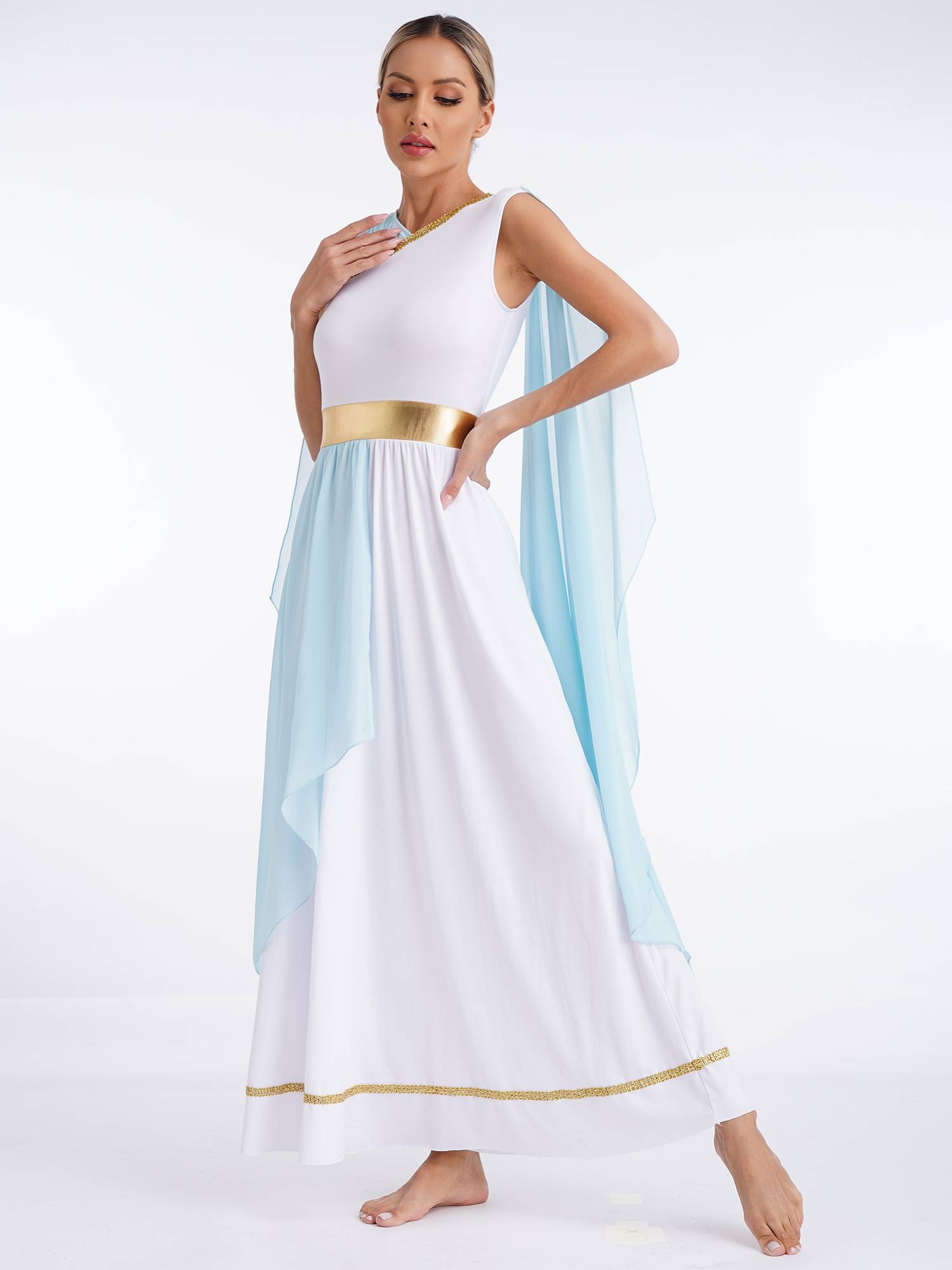 Women Chiffon Cap Sleeve Ancient Toga Greece Queen Costume Dress
