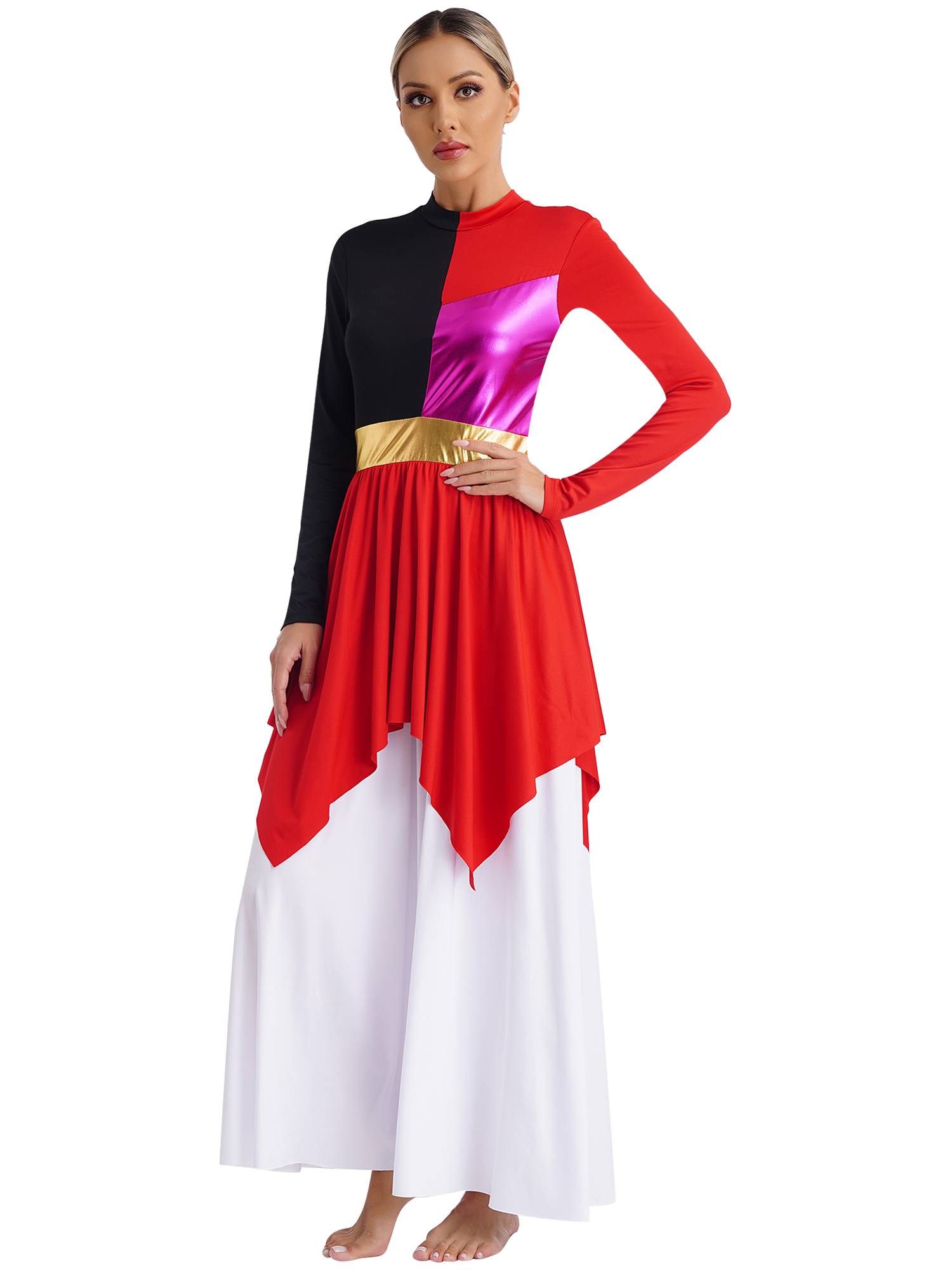 Women Liturgical Dance Dresses Metallic Contrast Color Long Sleeve