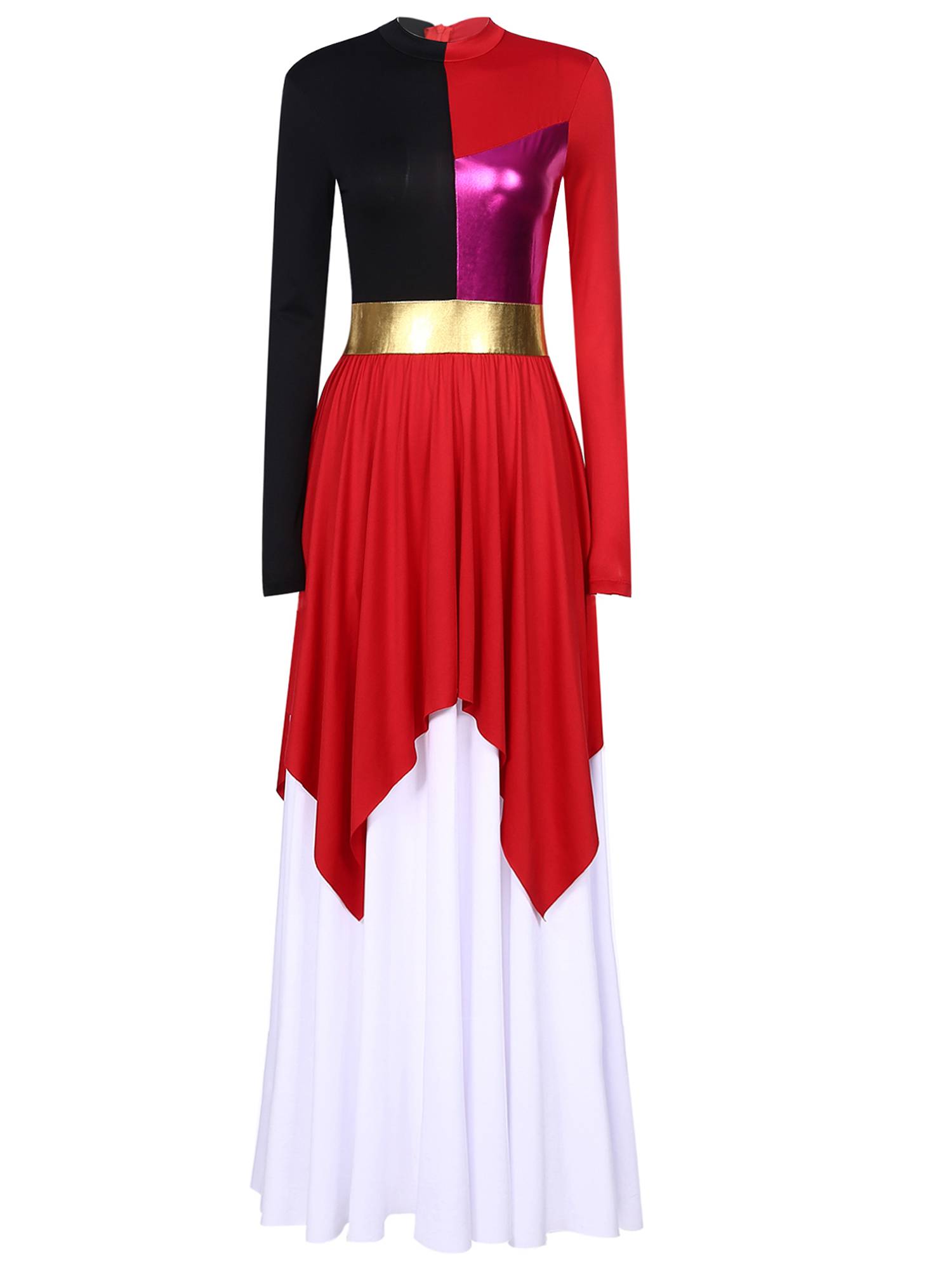Women Liturgical Dance Dresses Metallic Contrast Color Long Sleeve