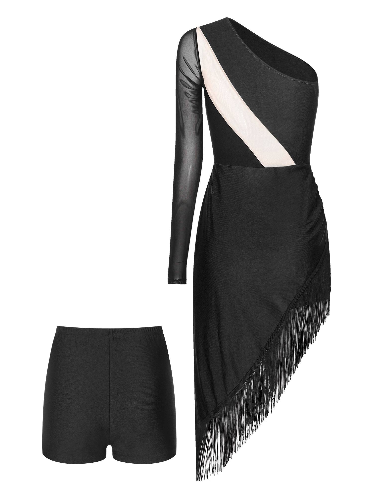 Women Rhinestones Asymmetrical Tassel Latin Dance Dress with Shorts