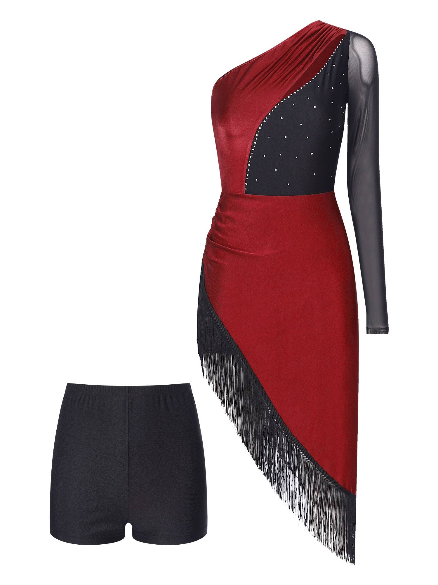 Women Rhinestones Asymmetrical Tassel Latin Dance Dress with Shorts