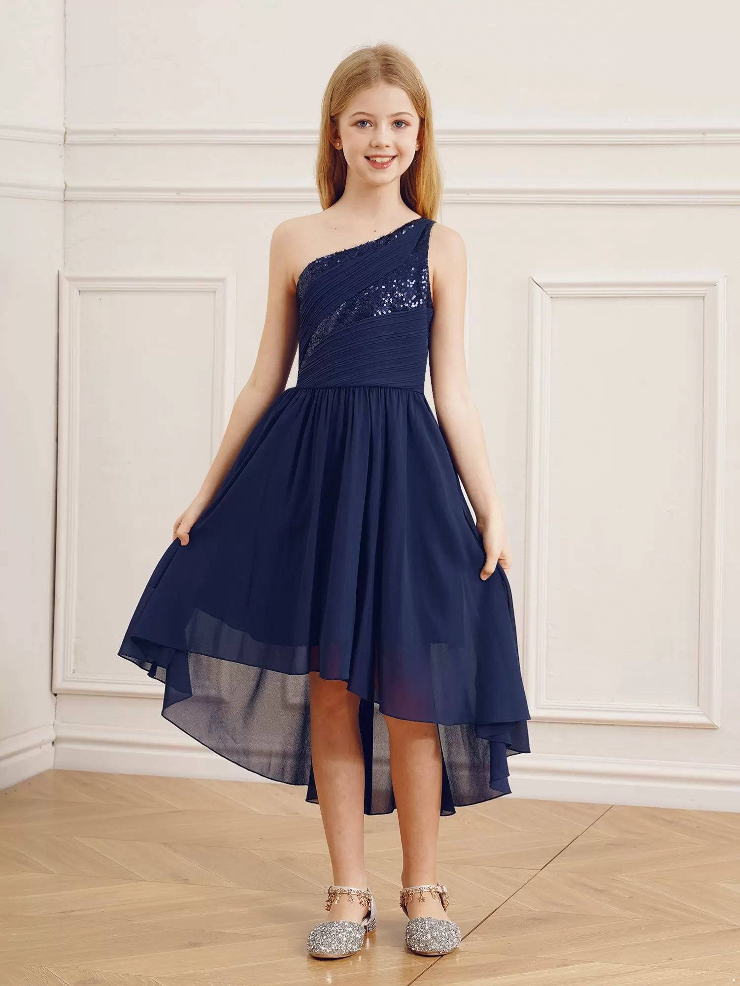 Kids Girls Sequin One Shoulder High-Low Flower Girl Dress
