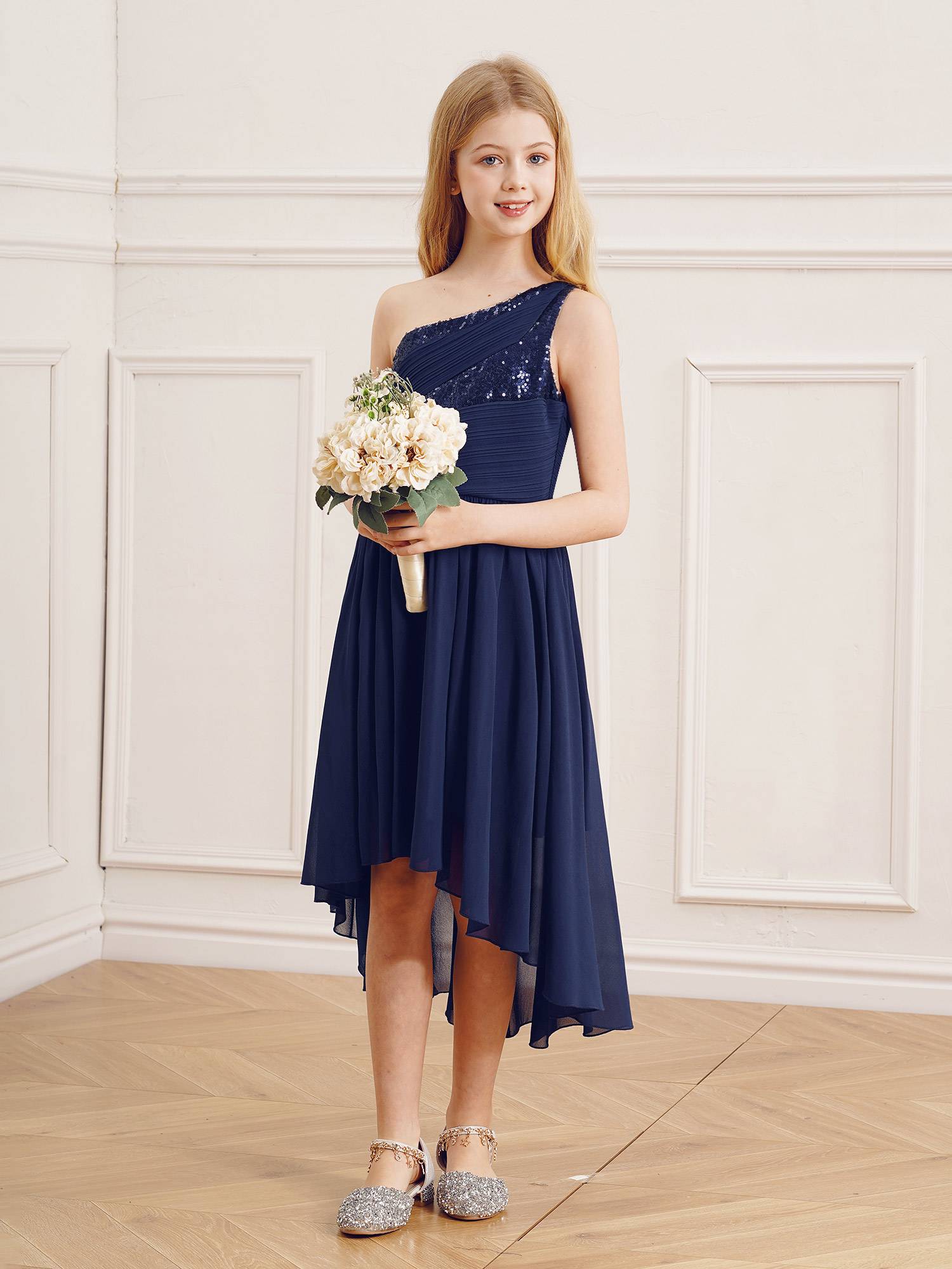 Kids Girls Sequin One Shoulder High-Low Flower Girl Dress