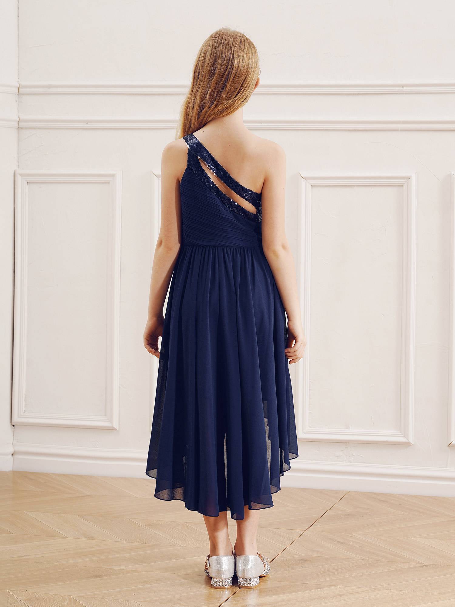 Kids Girls Sequin One Shoulder High-Low Flower Girl Dress