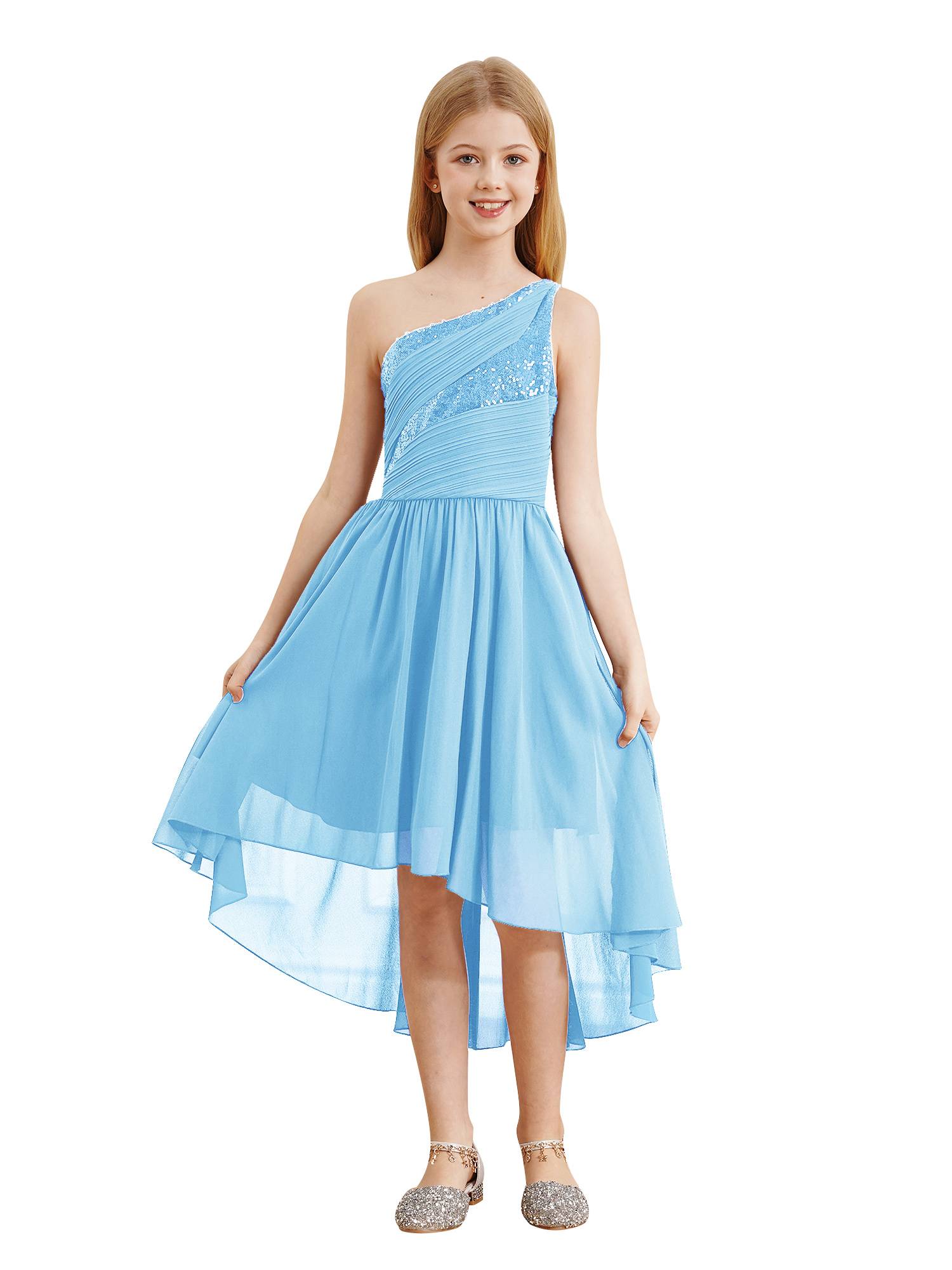 Kids Girls Sequin One Shoulder High-Low Flower Girl Dress