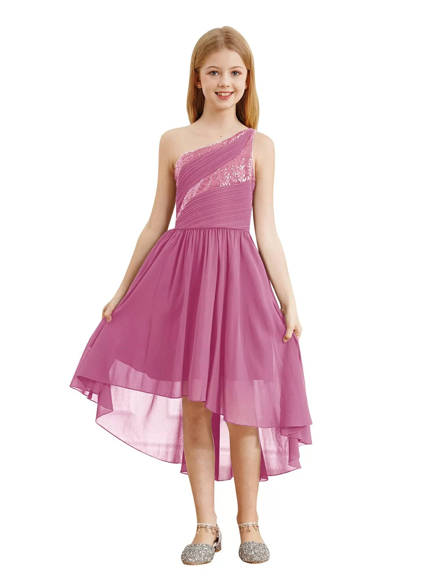 Kids Girls Sequin One Shoulder High-Low Flower Girl Dress