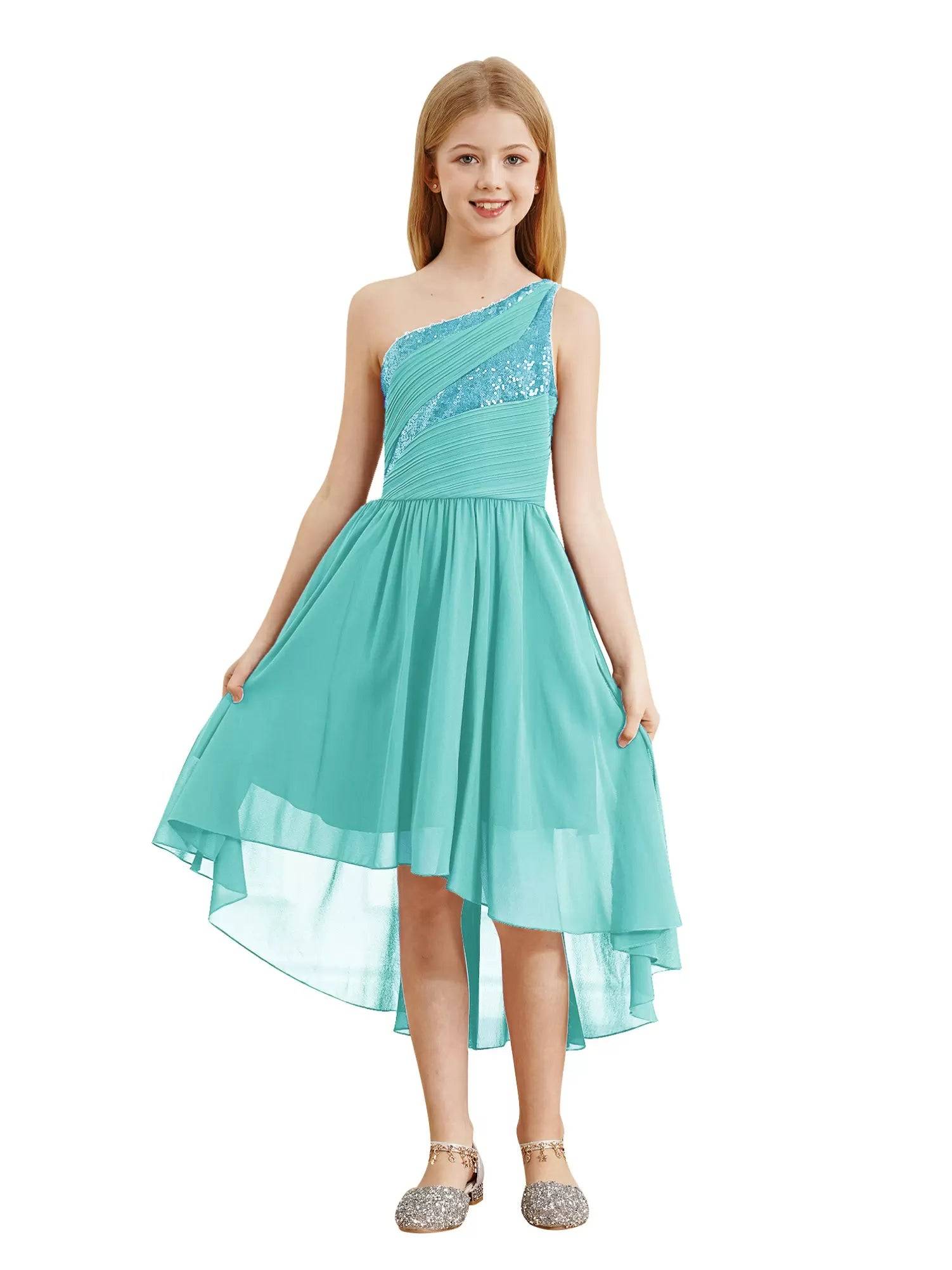 Kids Girls Sequin One Shoulder High-Low Flower Girl Dress
