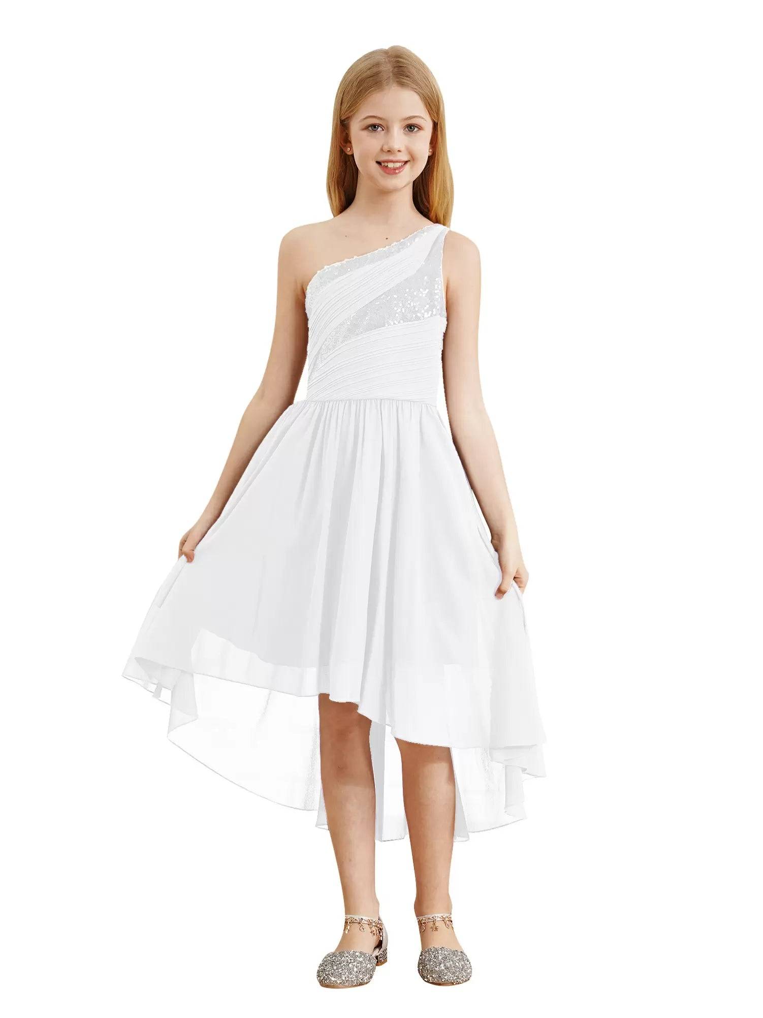 Kids Girls Sequin One Shoulder High-Low Flower Girl Dress