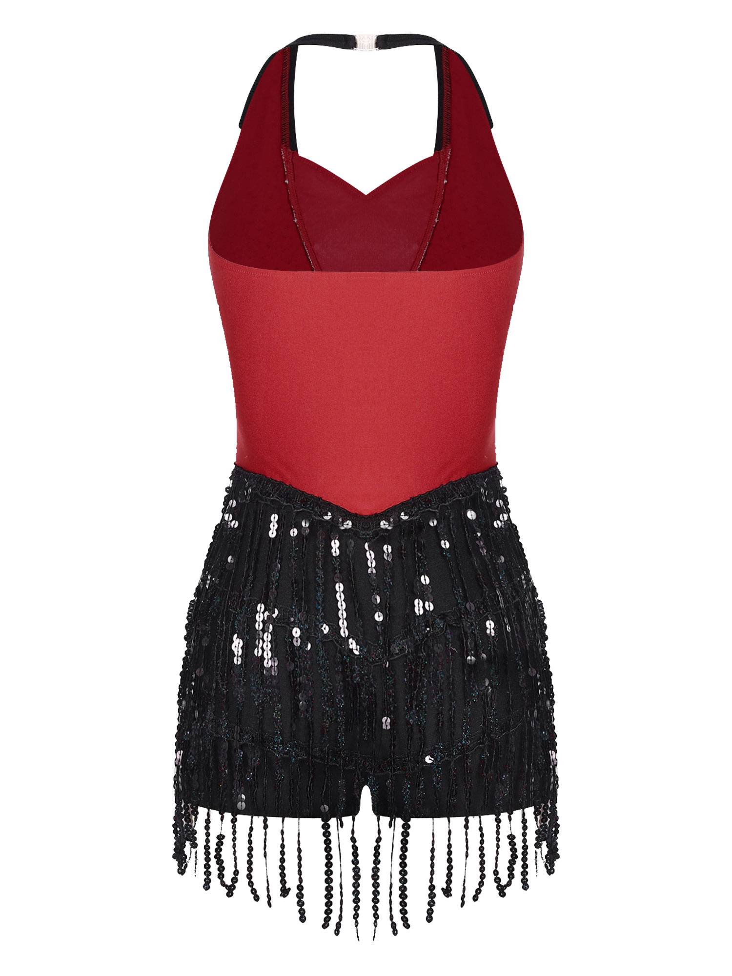 Women Sequins Sleeveless Tassel Latin Jazz Dance Leotard
