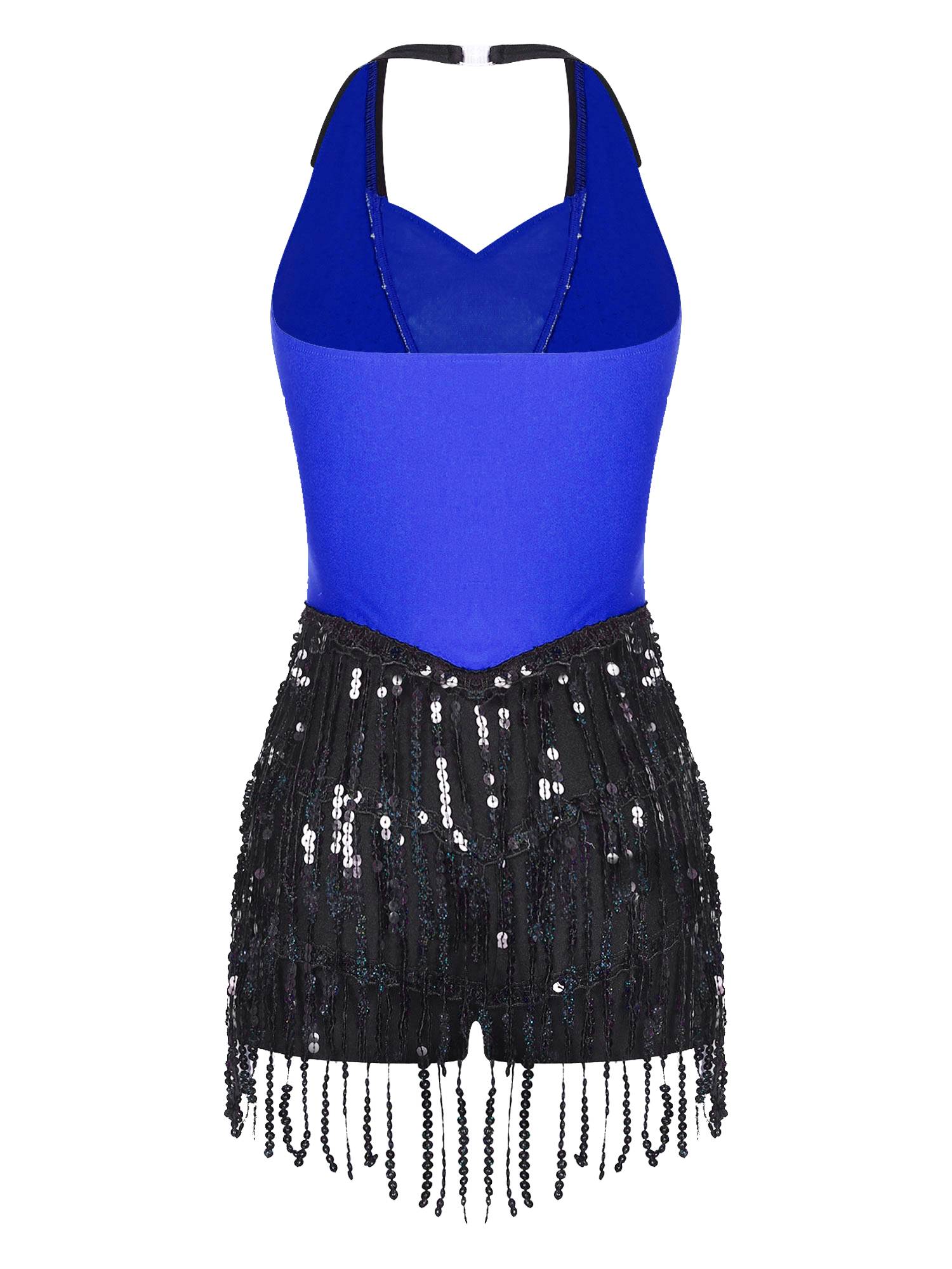 Women Sequins Sleeveless Tassel Latin Jazz Dance Leotard
