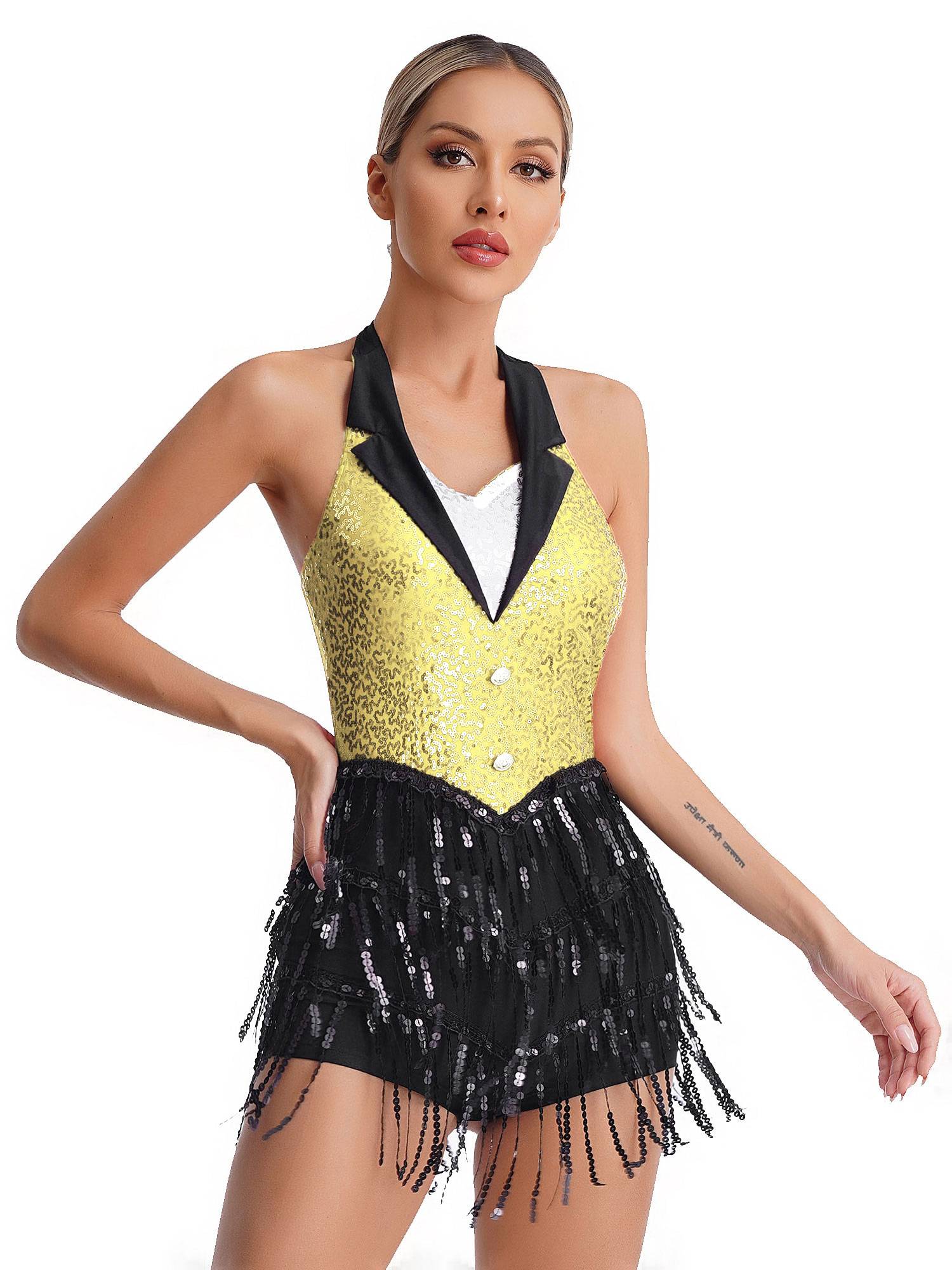 Women Sequins Sleeveless Tassel Latin Jazz Dance Leotard