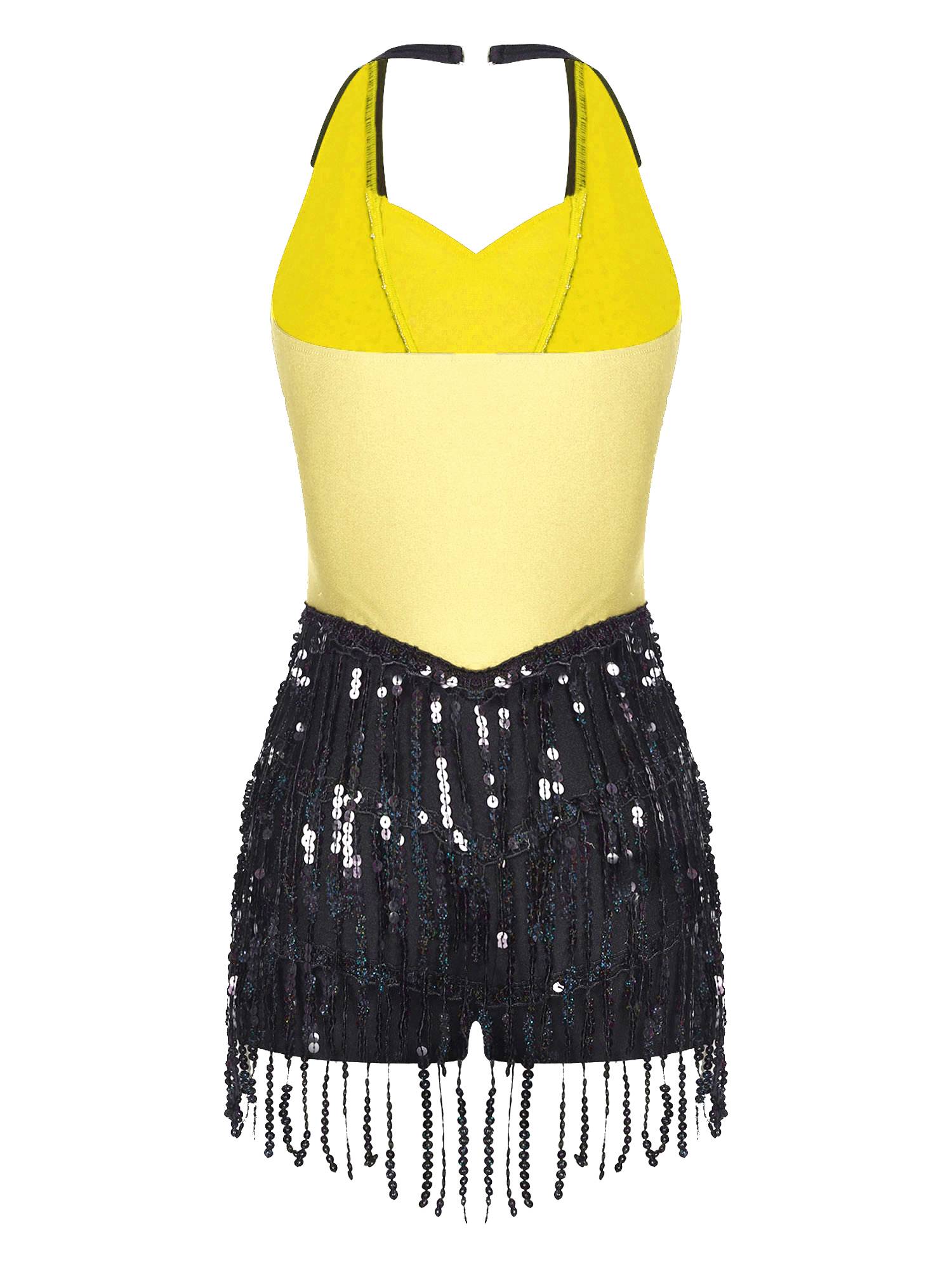Women Sequins Sleeveless Tassel Latin Jazz Dance Leotard