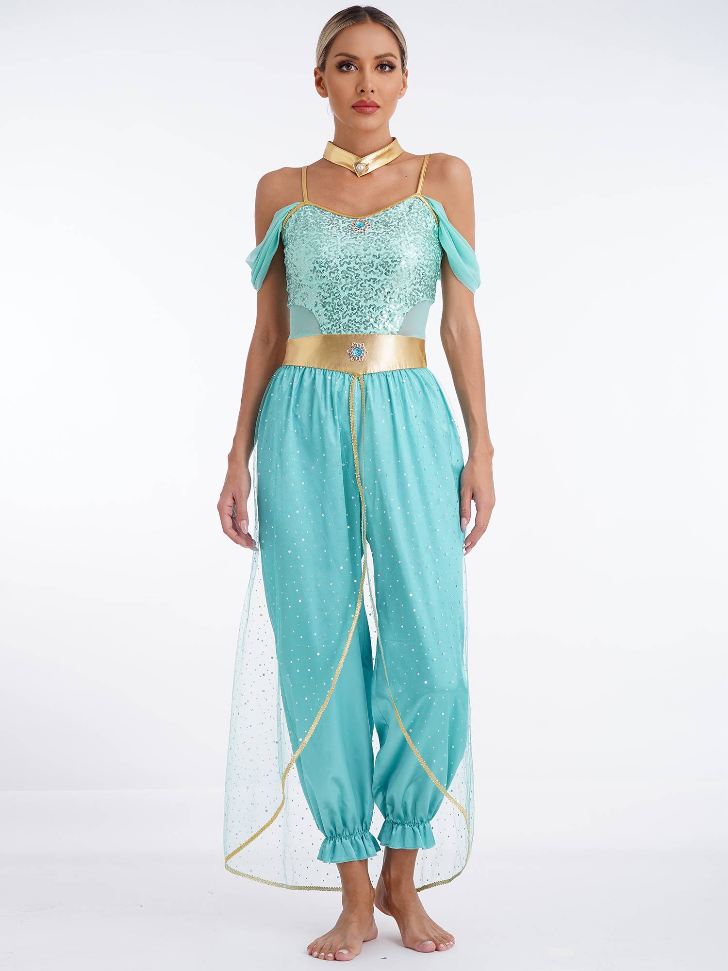 Women Belly Dance Sequin Jumpsuit Arabian Princess Costumes