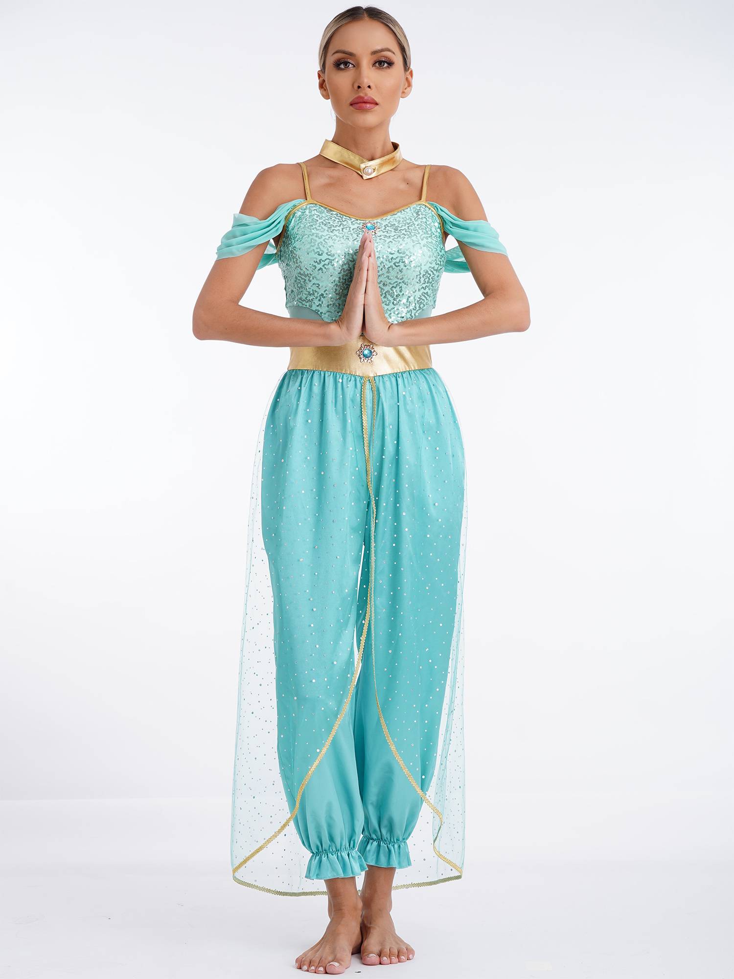 Women Belly Dance Sequin Jumpsuit Arabian Princess Costumes