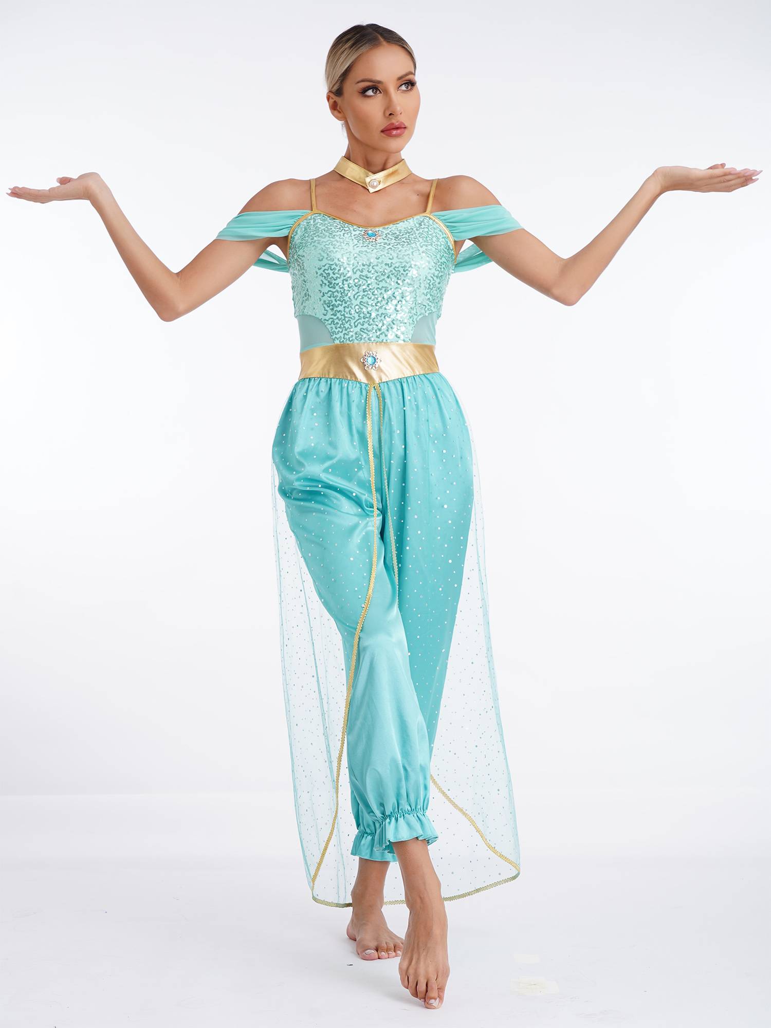 Women Belly Dance Sequin Jumpsuit Arabian Princess Costumes