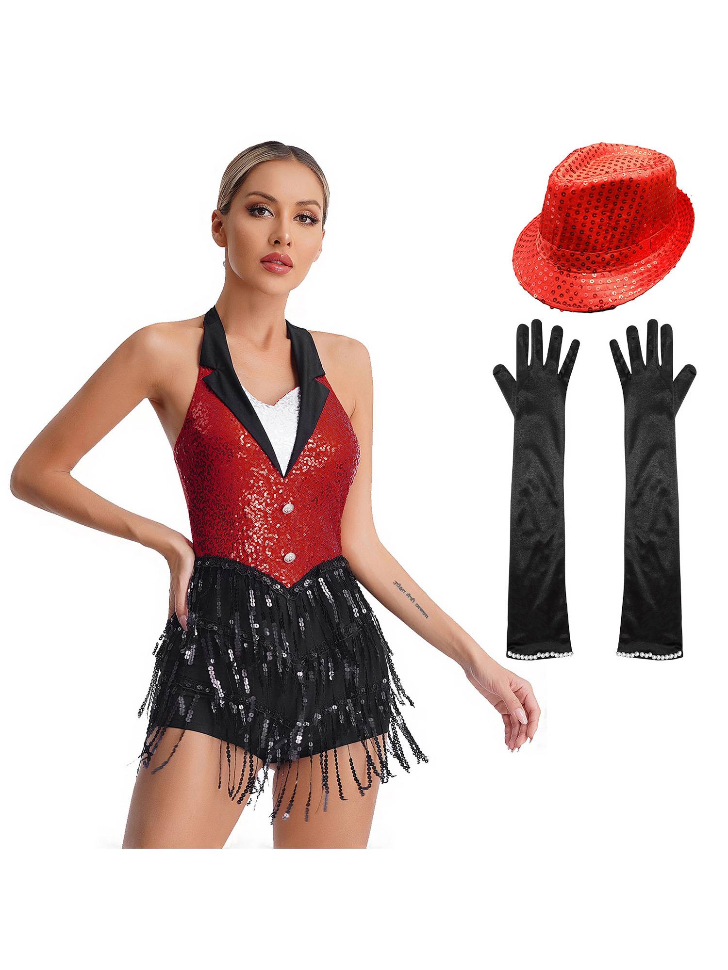 Women Halter Backless Sequins Tassel Jazz Leotard with Gloves Hat