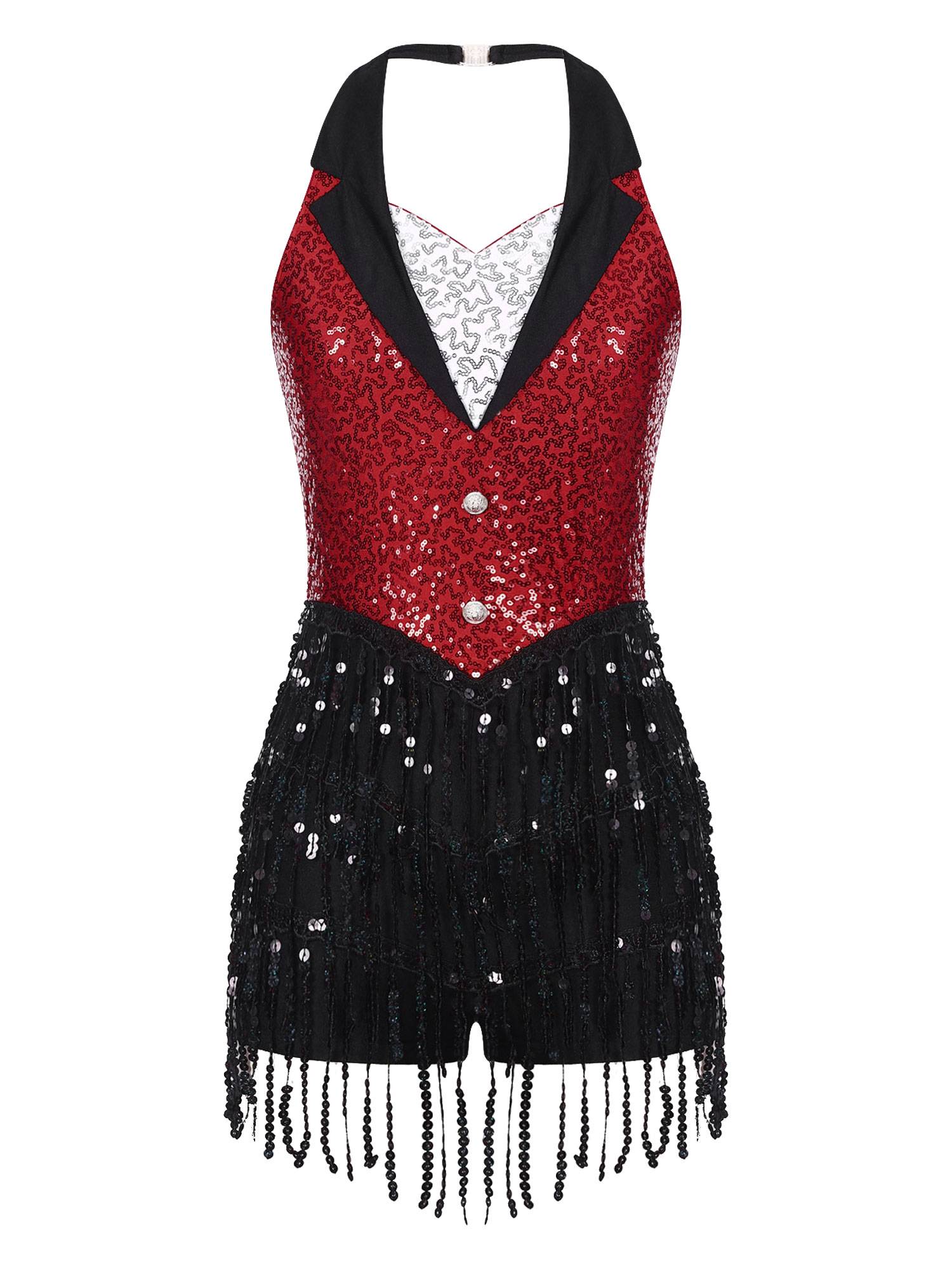 Women Halter Backless Sequins Tassel Jazz Leotard with Gloves Hat