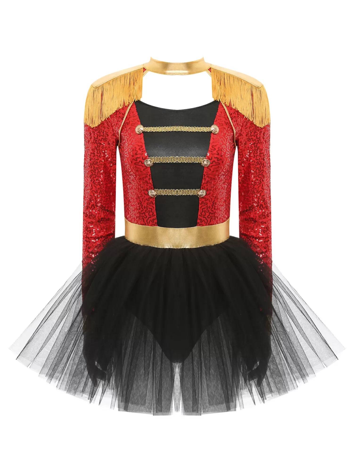 Women Long Sleeve Tassel Sequin Circus Ringmaster Tutu Dress