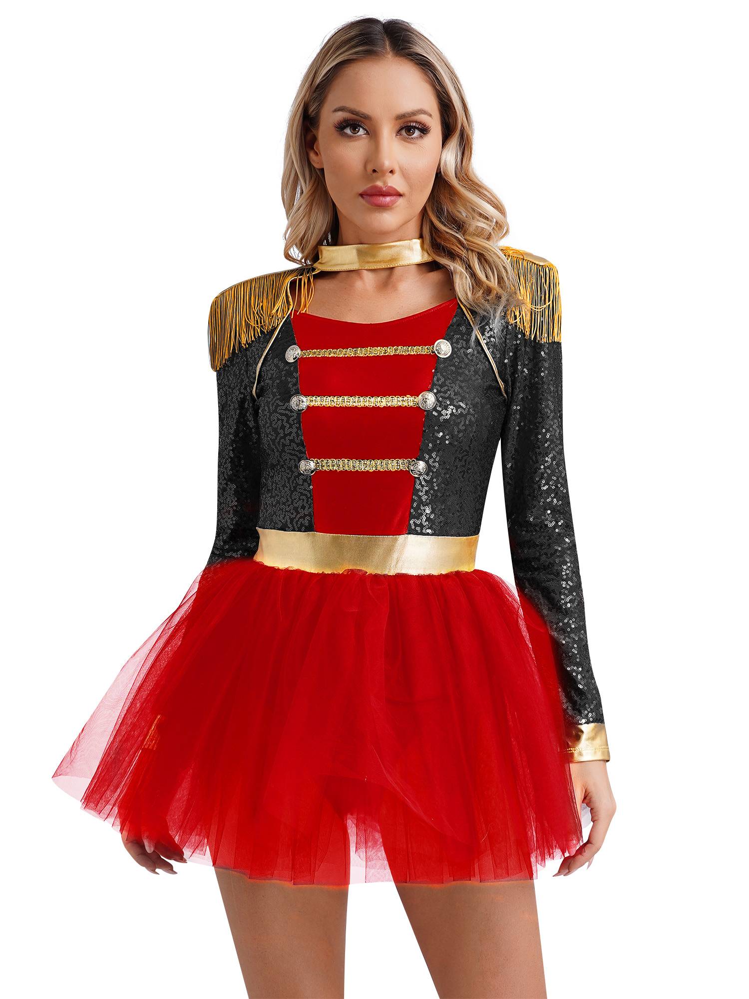 Women Long Sleeve Tassel Sequin Circus Ringmaster Tutu Dress