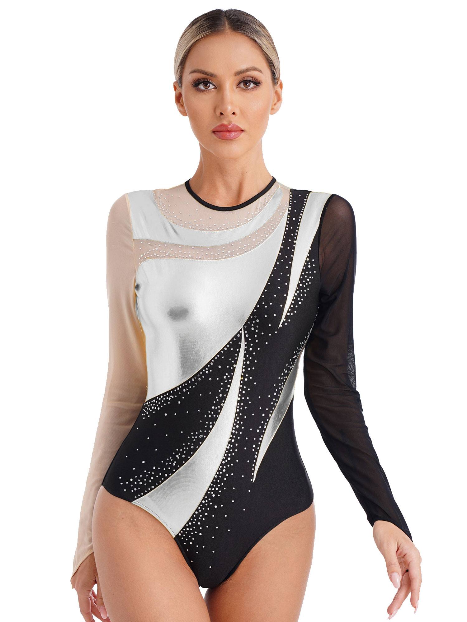 Women Metallic Long Sleeve Gymnastics Leotard