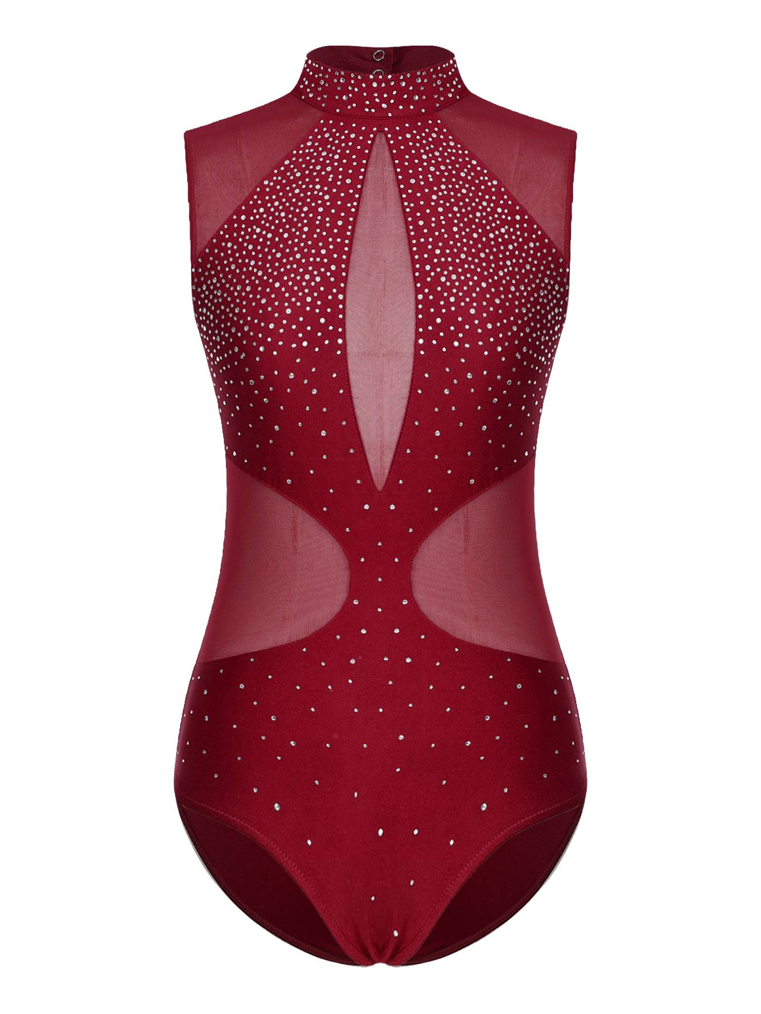 Women Sparkly Rhinestones Sleeveless Cutout Back Figure Skating Leotard