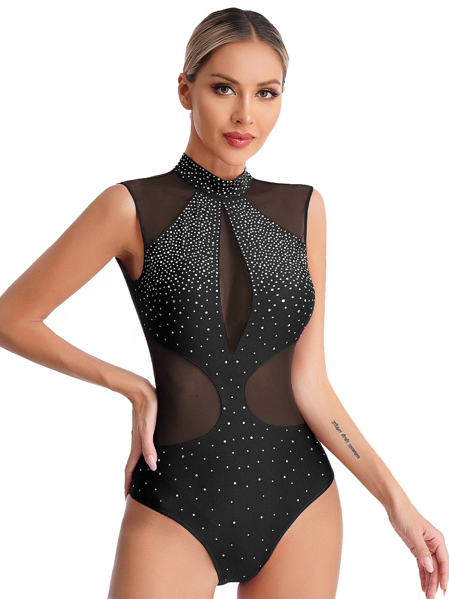 Women Sparkly Rhinestones Sleeveless Cutout Back Figure Skating Leotard