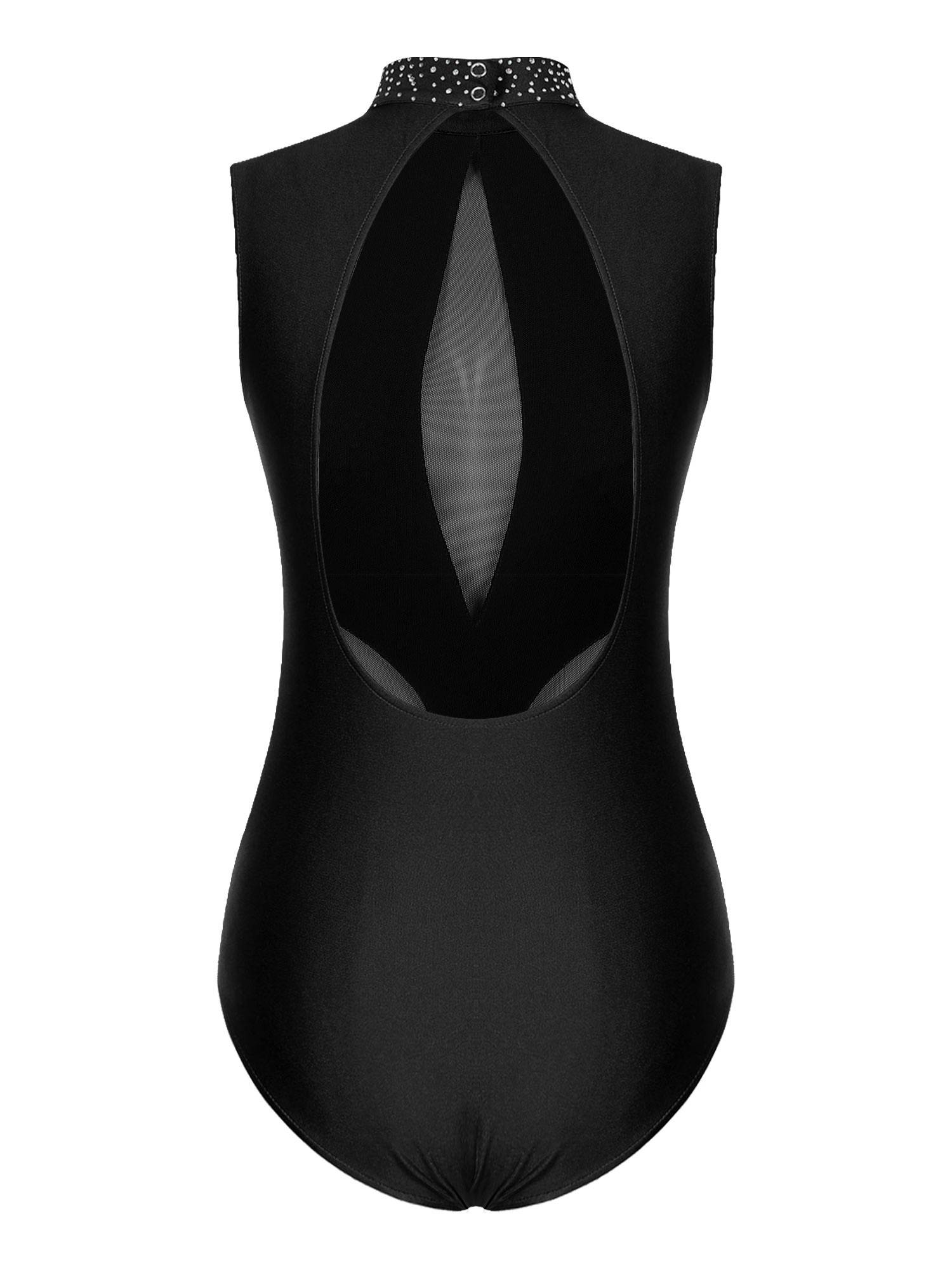 Women Sparkly Rhinestones Sleeveless Cutout Back Figure Skating Leotard