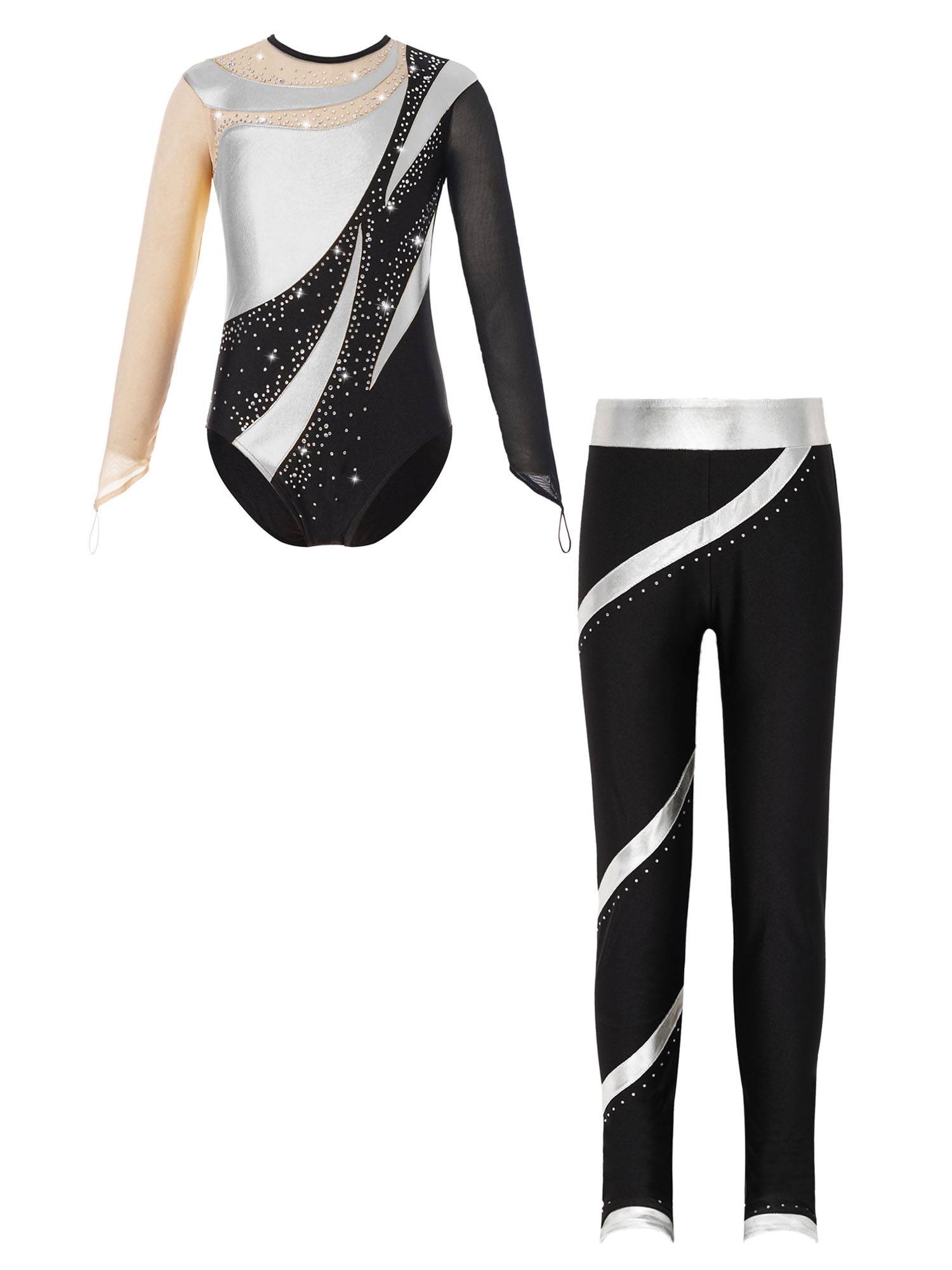 Kids Girls 2pcs Long Sleeve Metallic Leotard and Pants Set for Skating Gymnastic