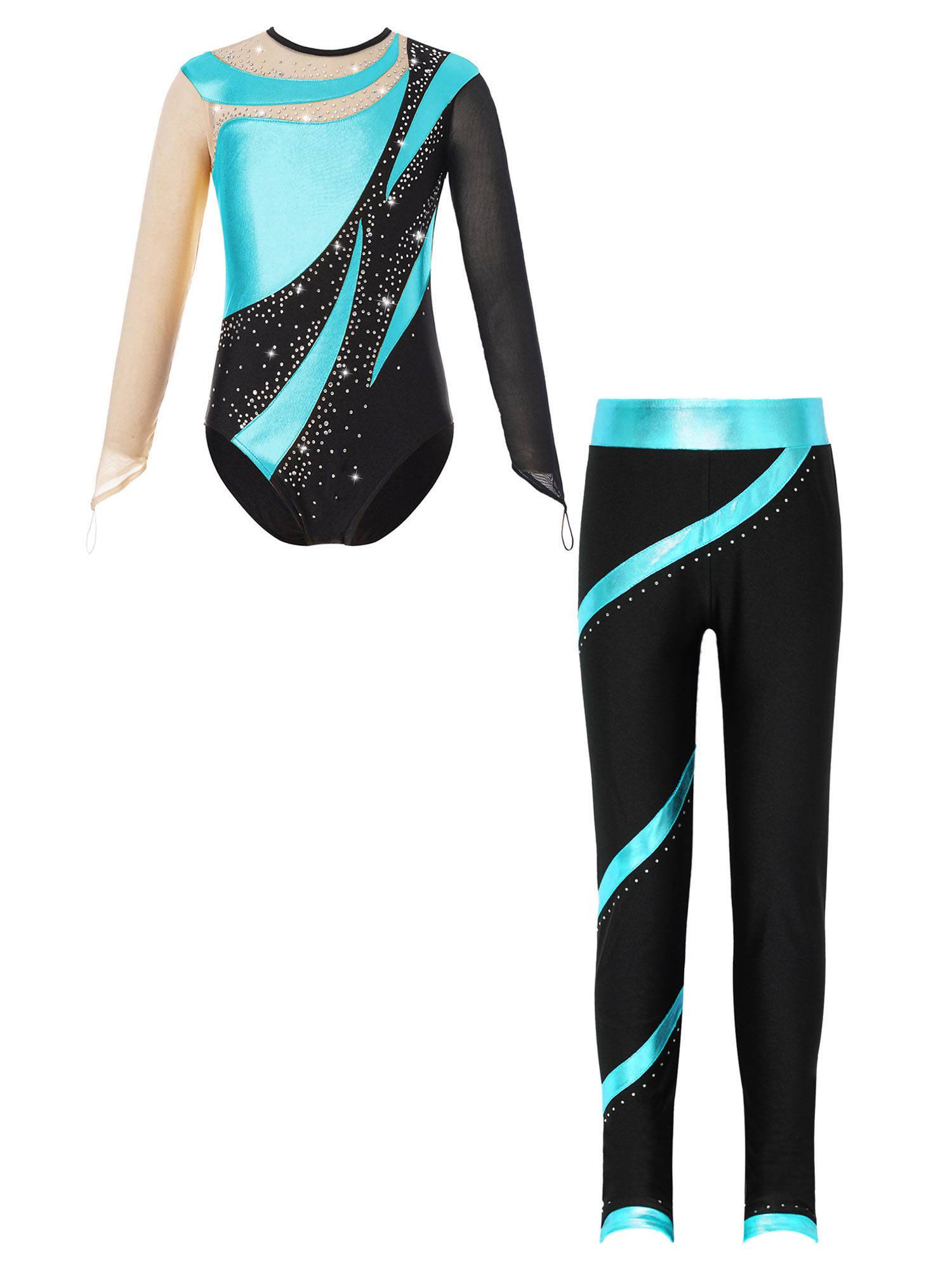 Kids Girls 2pcs Long Sleeve Metallic Leotard and Pants Set for Skating Gymnastic