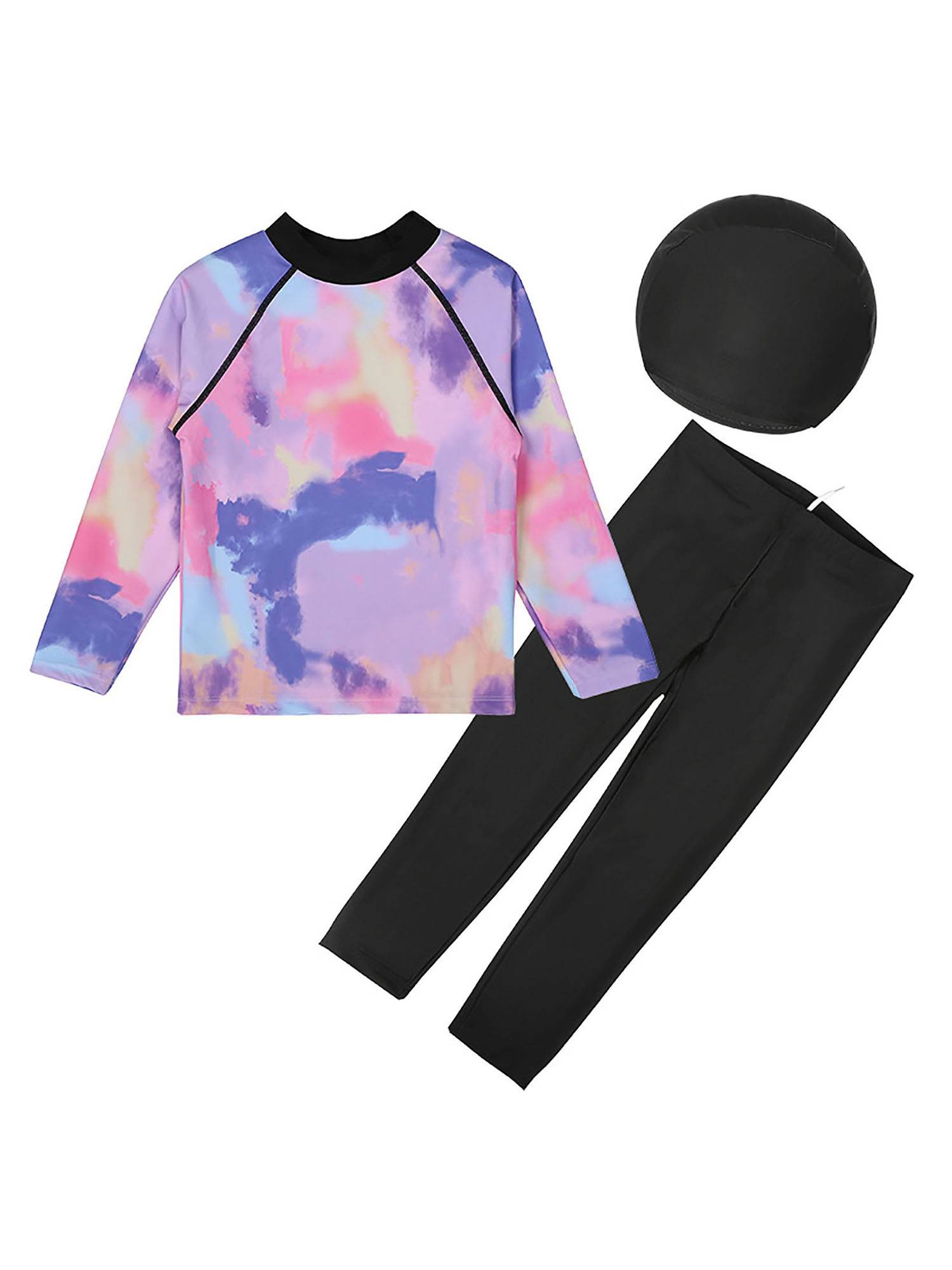 Boys 3pcs Tie Dye Long Sleeve Top and Pants with Swim Cap Swimsuit