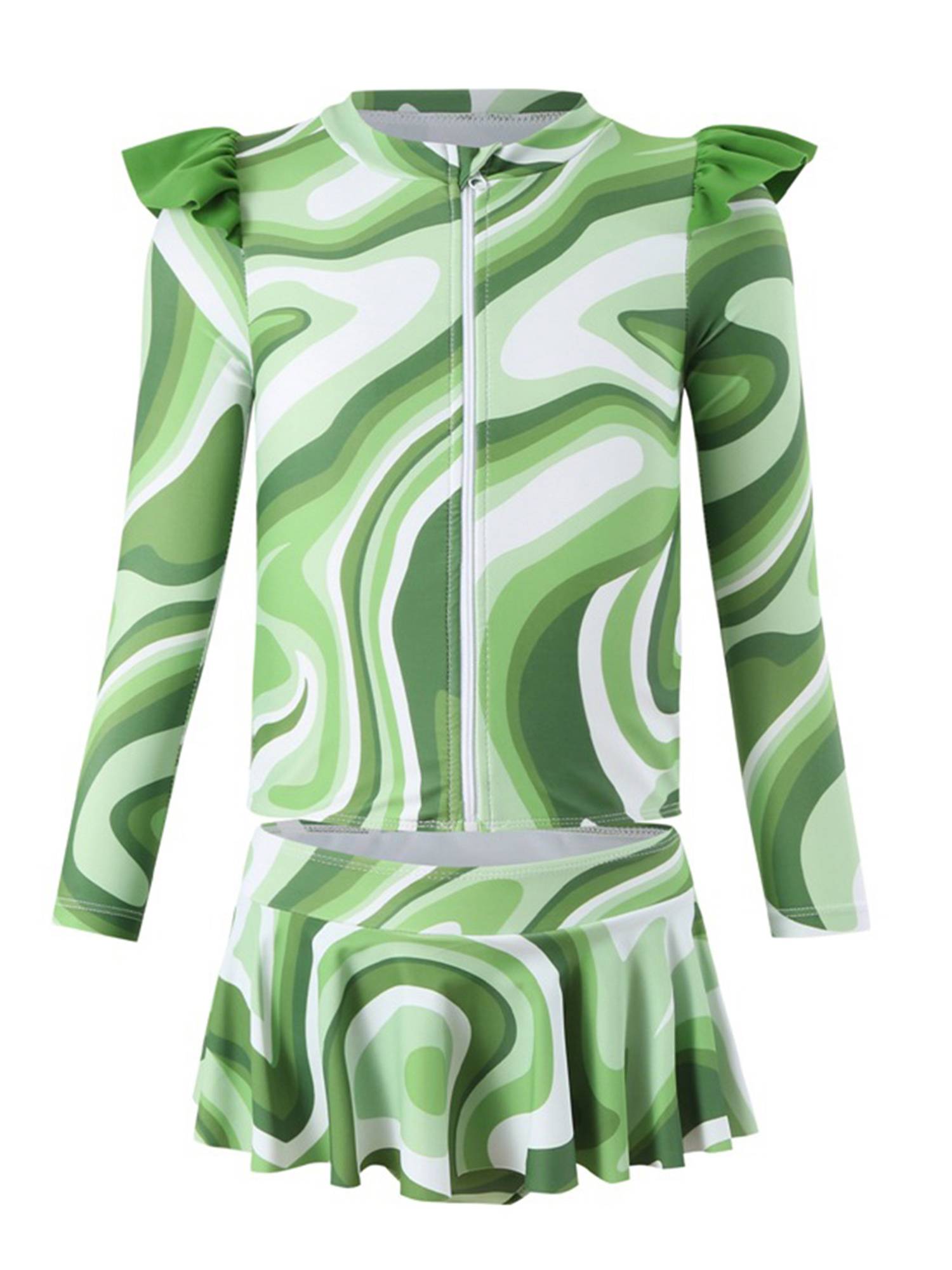Kids Girls Two Pieces Long Sleeve Swim Top and Skirt Swimsuit Set