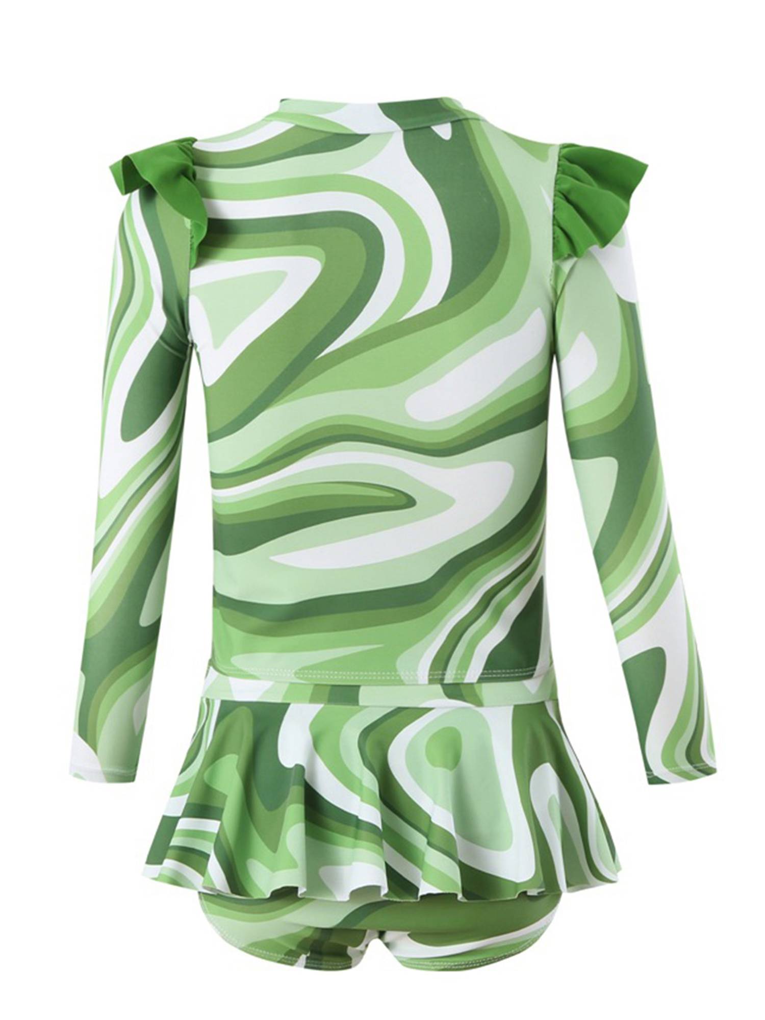 Kids Girls Two Pieces Long Sleeve Swim Top and Skirt Swimsuit Set