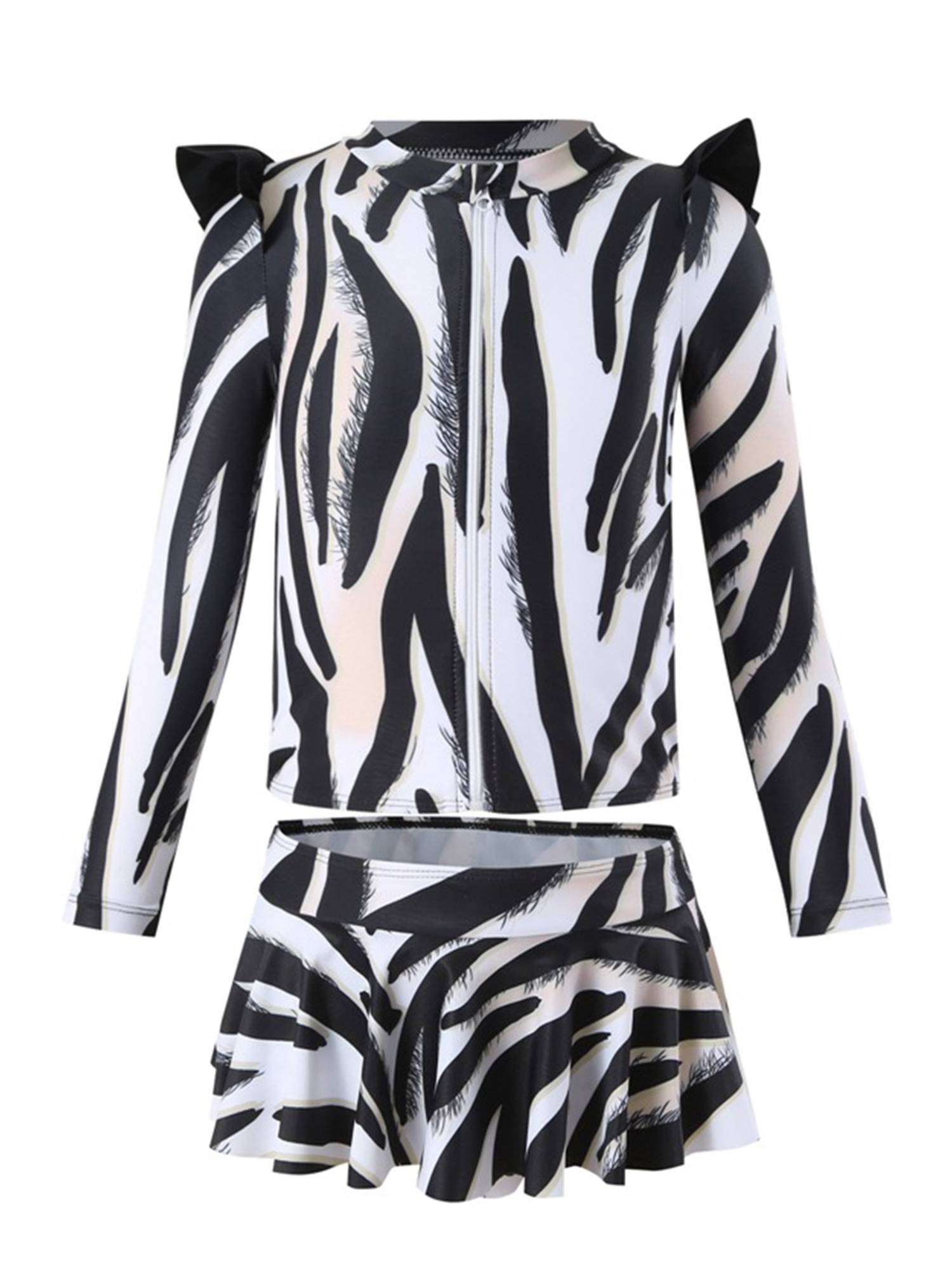 Kids Girls Two Pieces Long Sleeve Swim Top and Skirt Swimsuit Set
