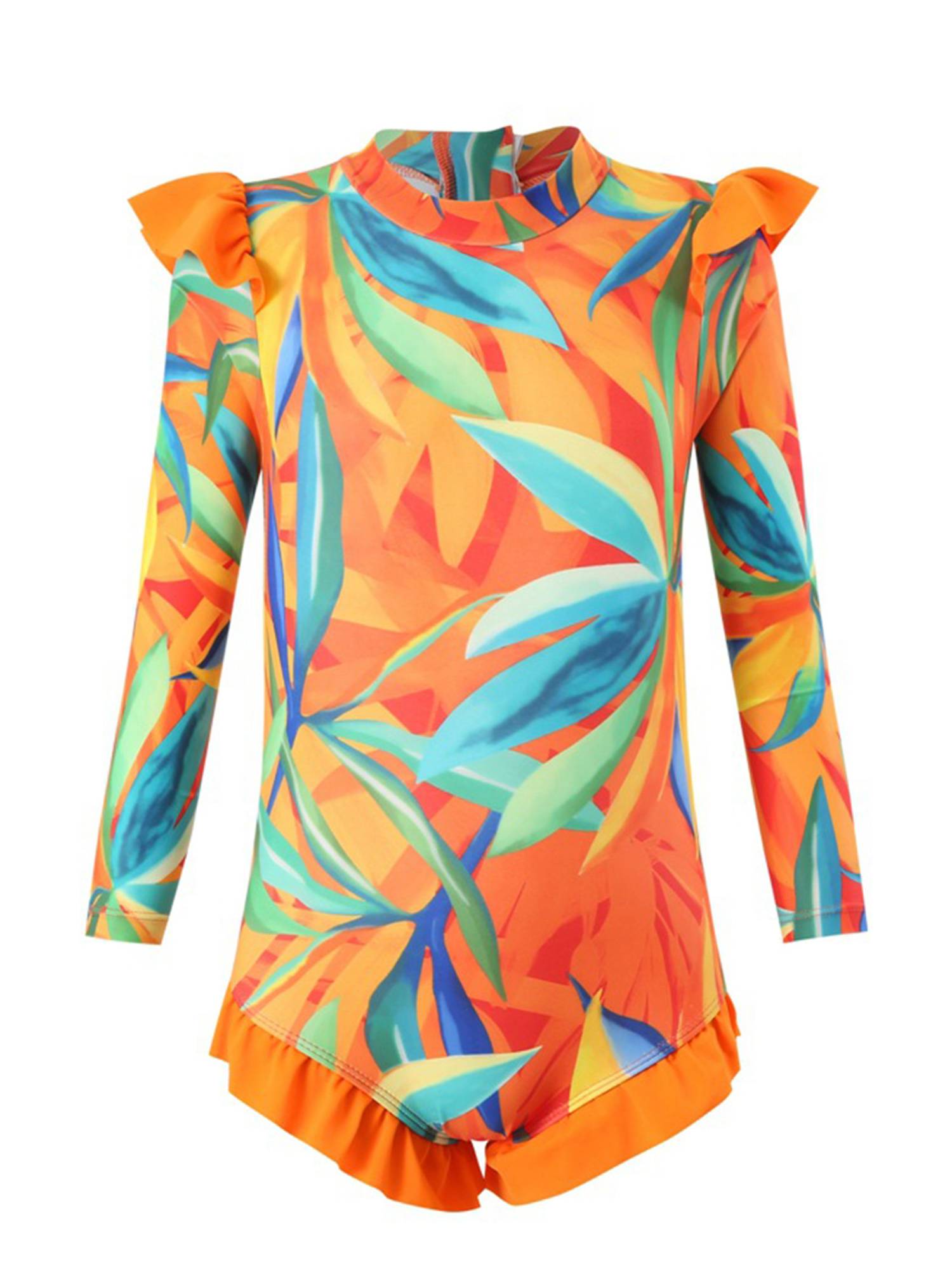Kids Girls Long Sleeve Ruffle UPF 50+ One Piece Swimsuit