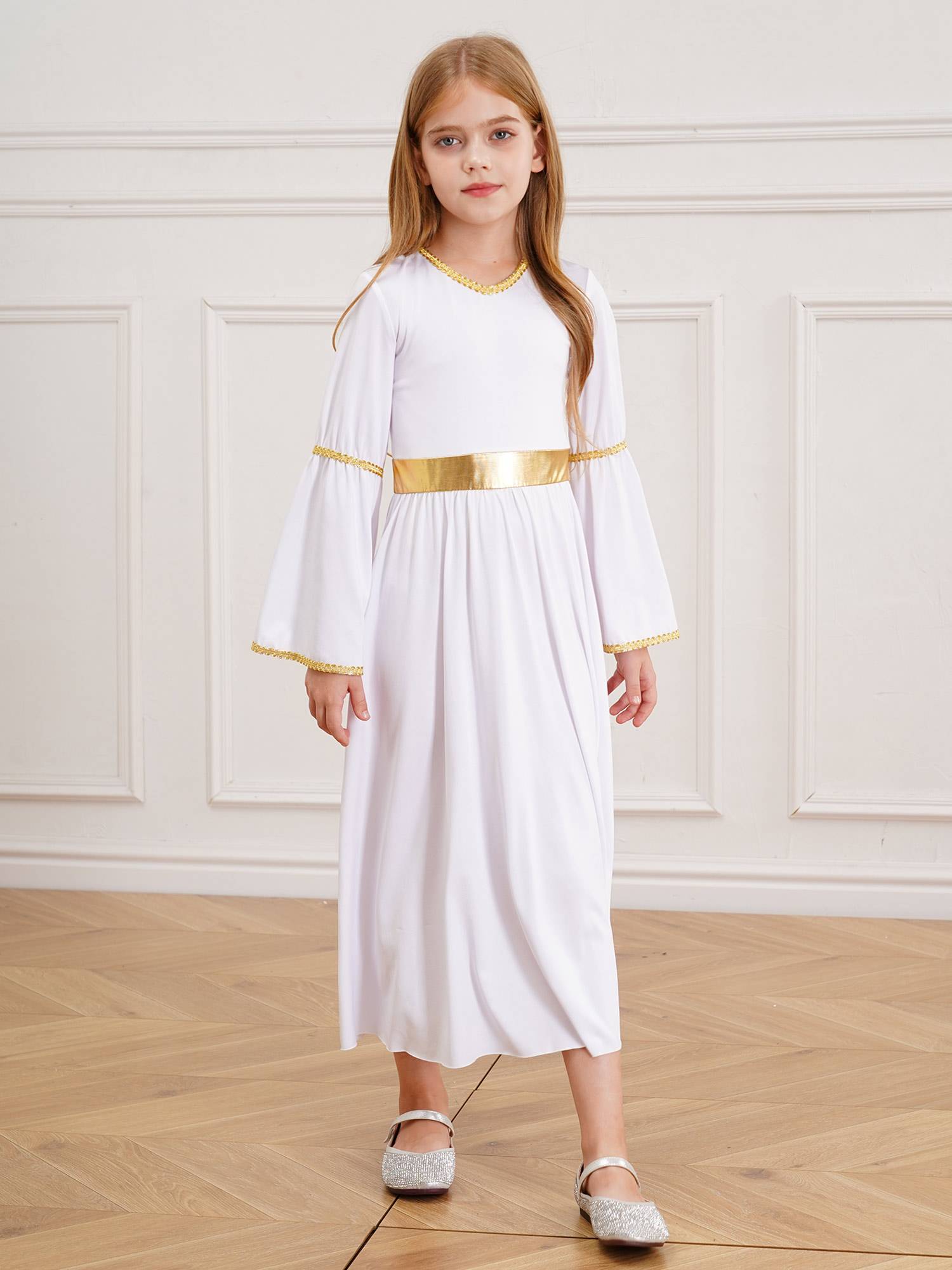 Kids Girls Long Sleeve Gold Trim Angel Cosplay Costume Midi Dress