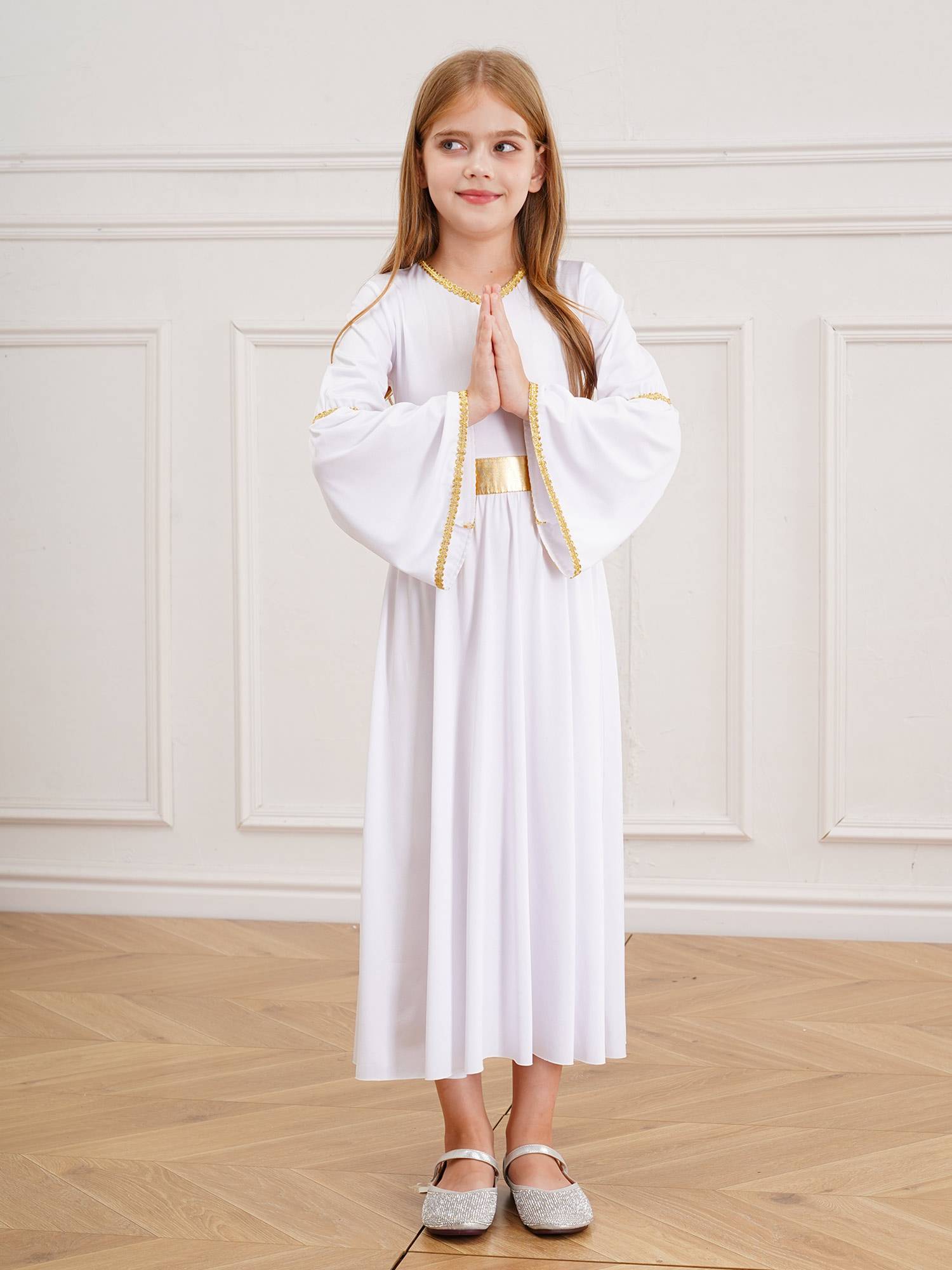 Kids Girls Long Sleeve Gold Trim Angel Cosplay Costume Midi Dress